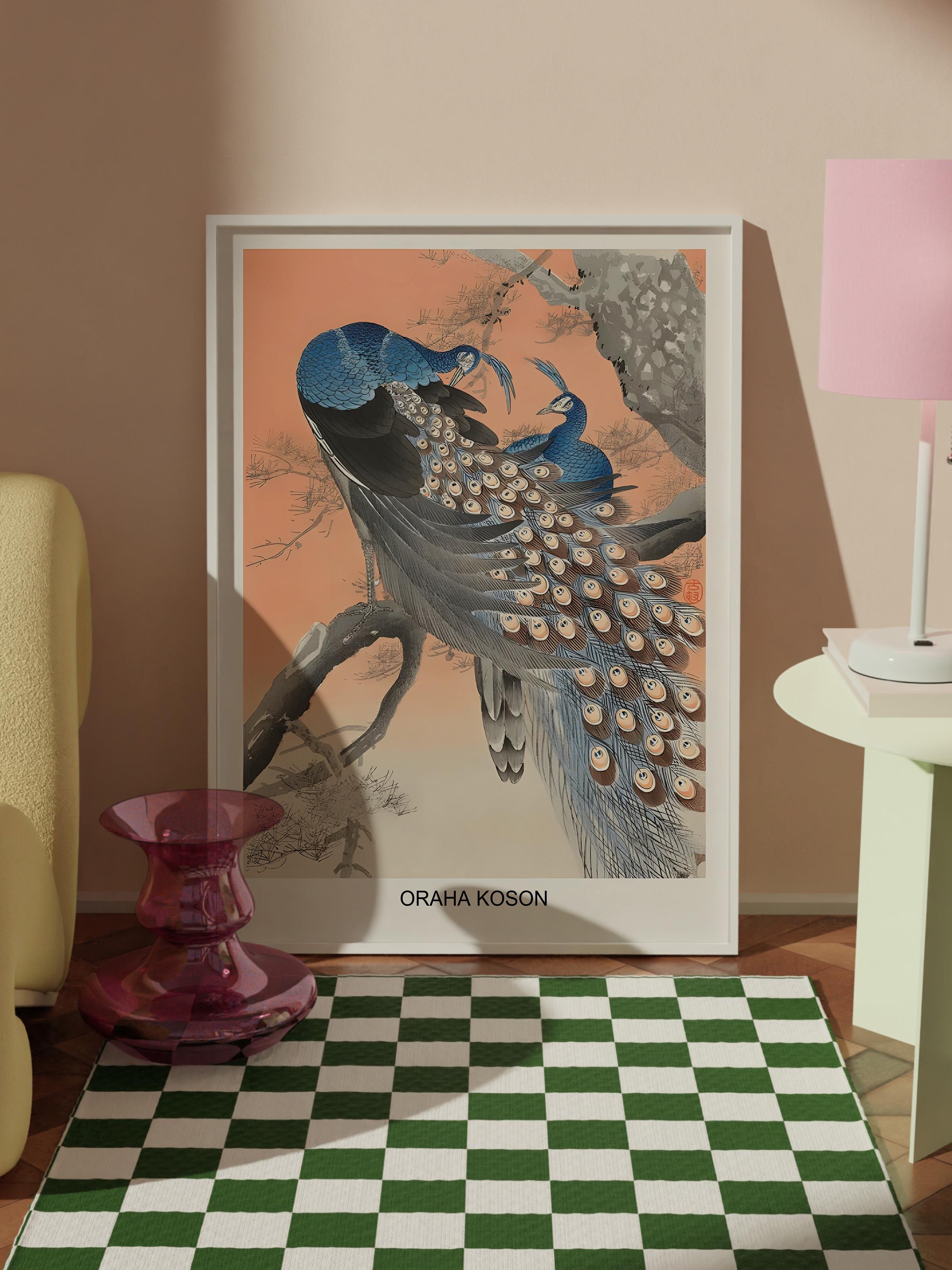 Beyaz Çerçeveli Tablo, Duvar Tablo, Ohara Koson - Two Peacocks Tree Branch Comfort Serisi NO:108713
