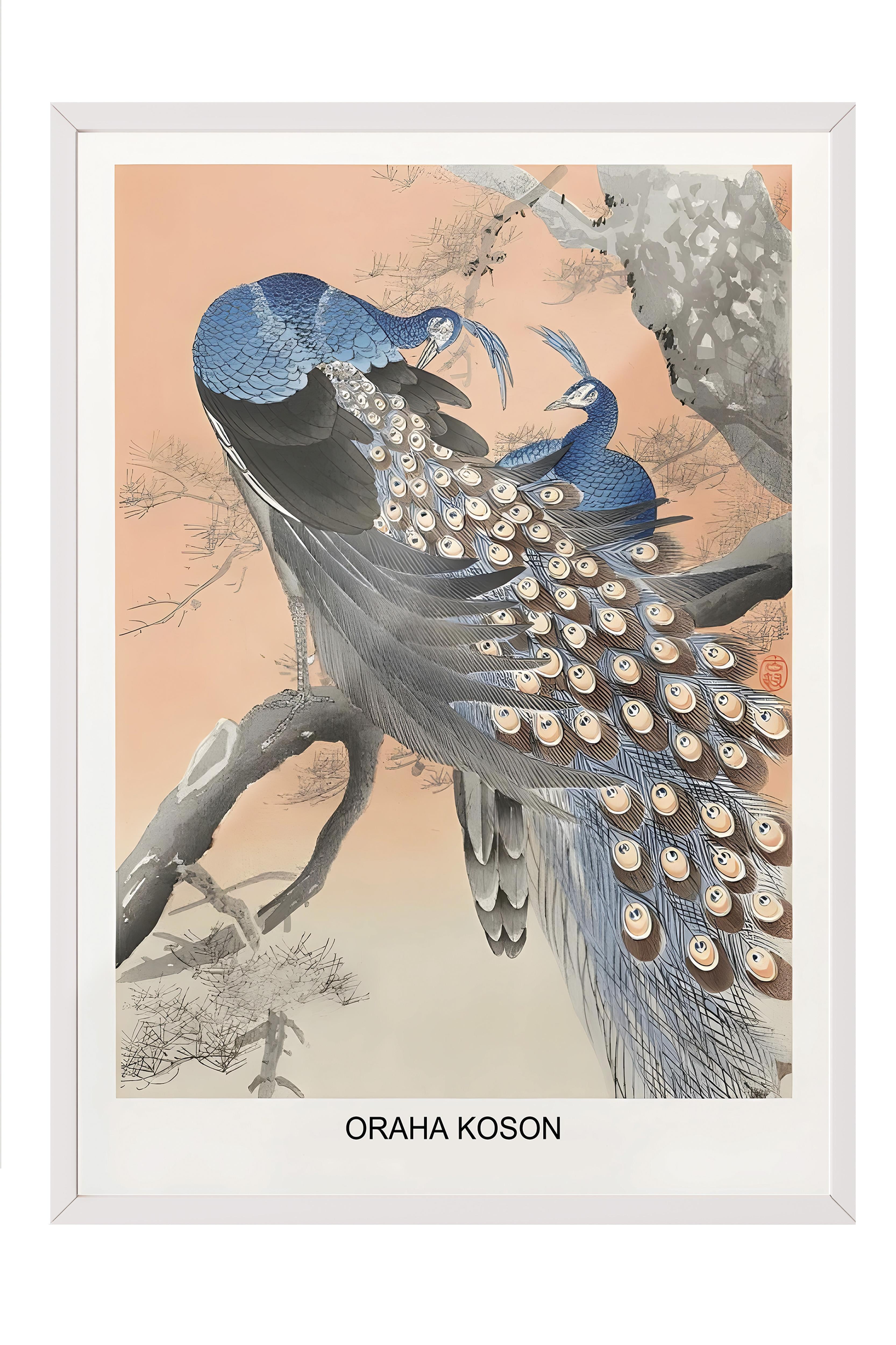 Beyaz Çerçeveli Tablo, Duvar Tablo, Ohara Koson - Two Peacocks Tree Branch Comfort Serisi NO:108713