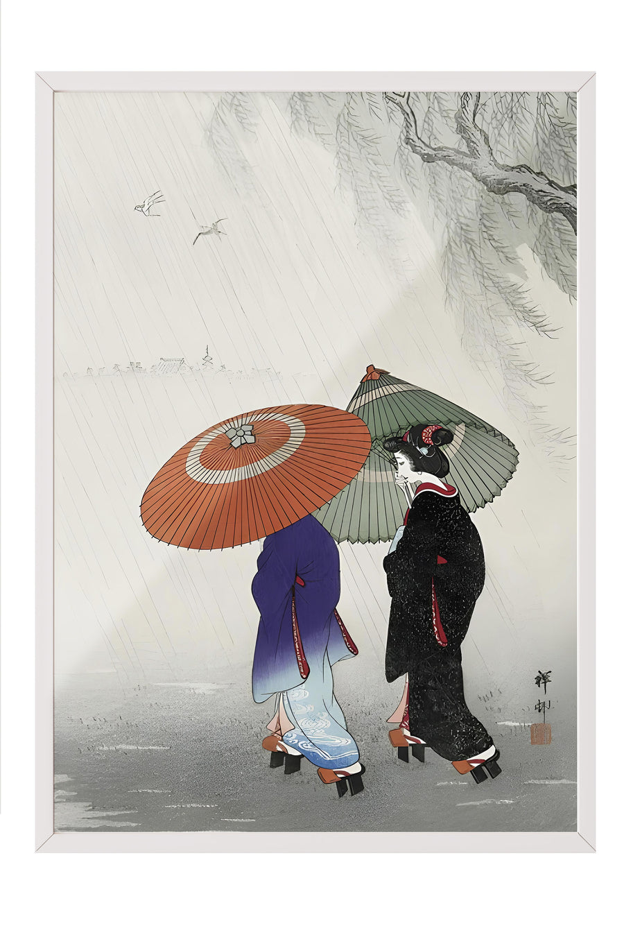 Yağmurda Yürüyen Kimonolu Kadınlar Japon Sanatı Poster – Beyaz Çerçeveli Tablo