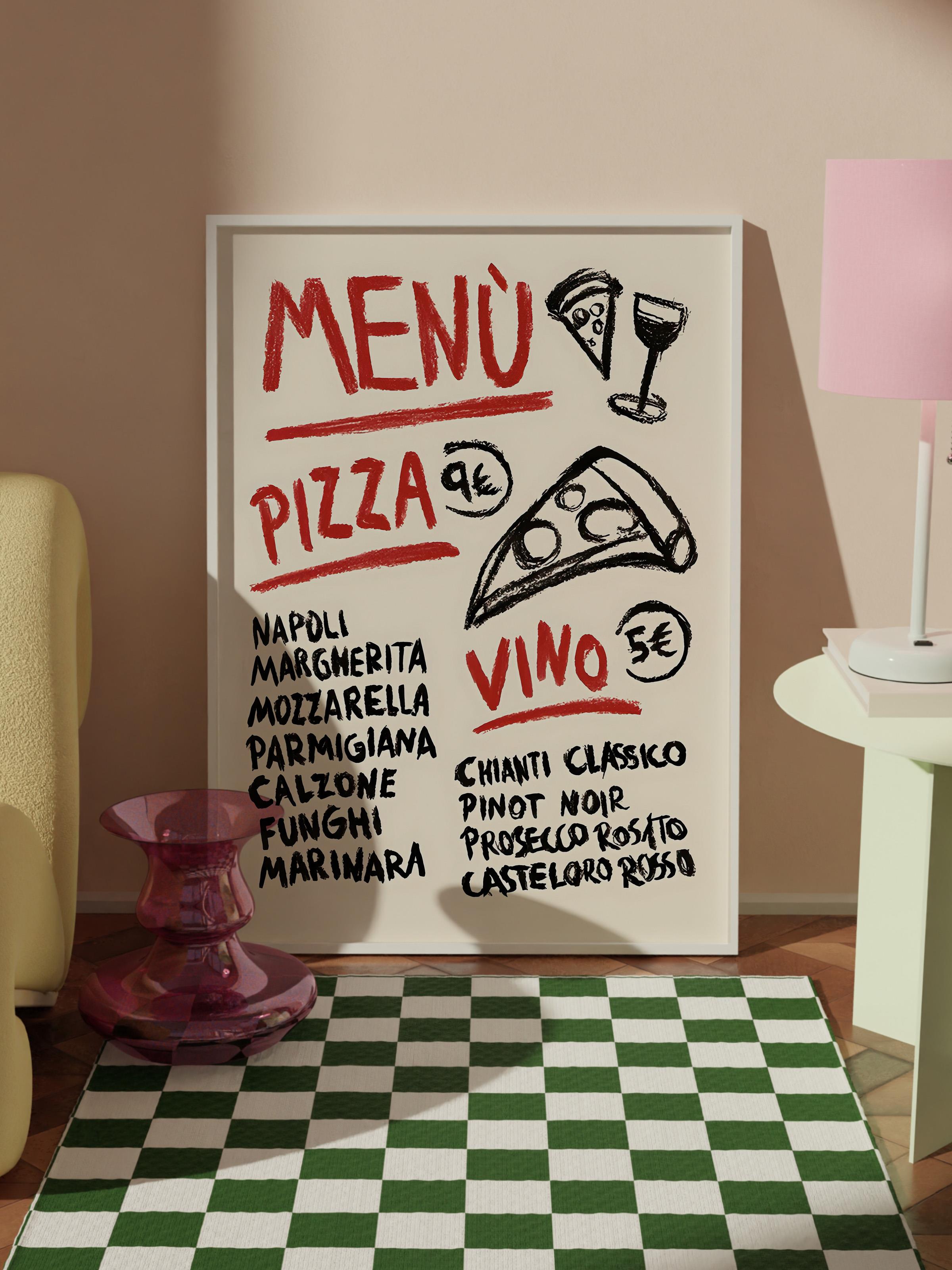 Beyaz Çerçeveli Tablo, Poster ve Çerçeve Seti,  Duvar Tablosu, Pizza Vino Menu Comfort Serisi NO:108605