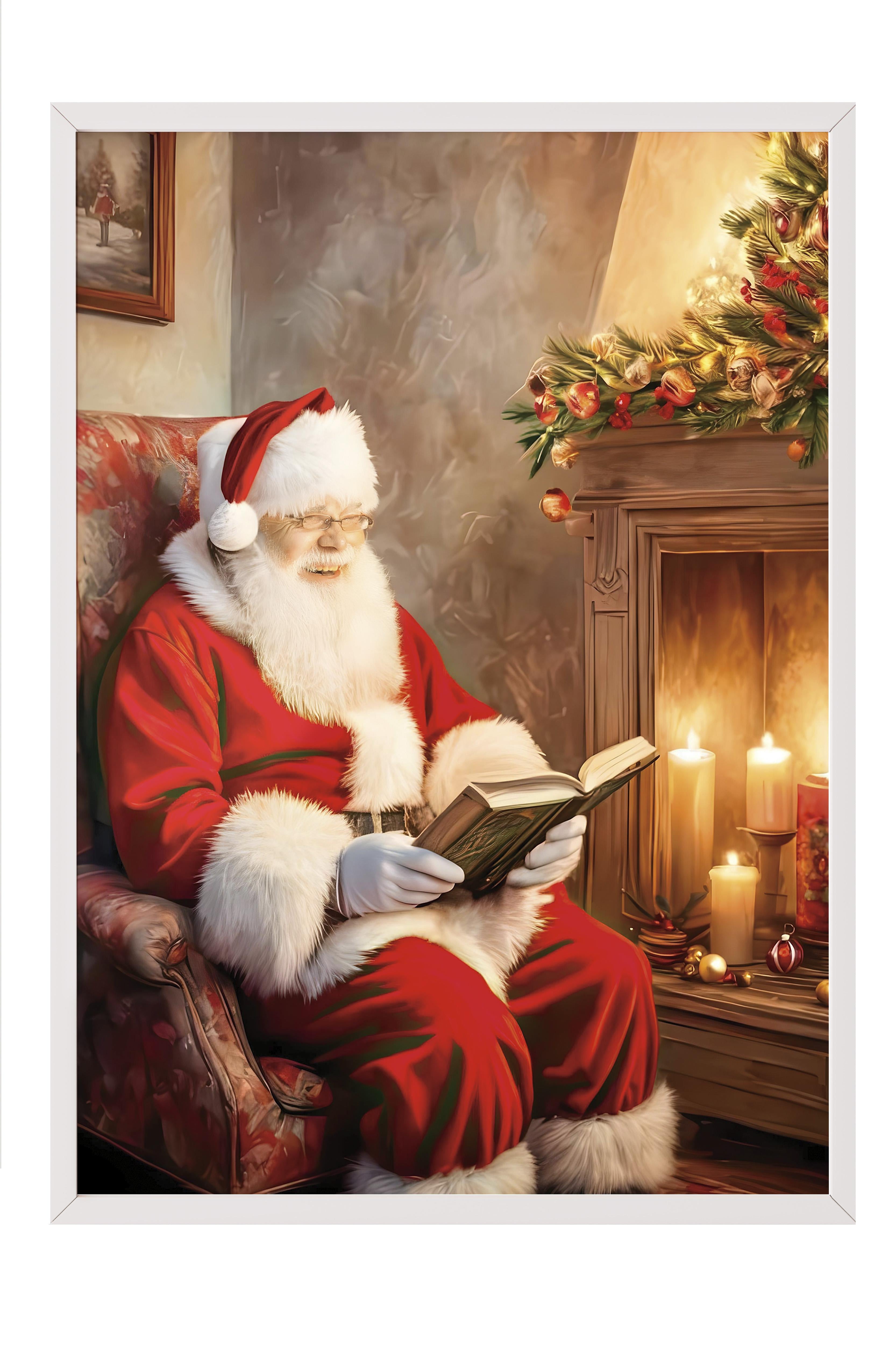 Beyaz Çerçeveli Tablo, Yılbaşı Poster, Yılbaşı Dekoru, Reading Santa Comfort Serisi NO:108622