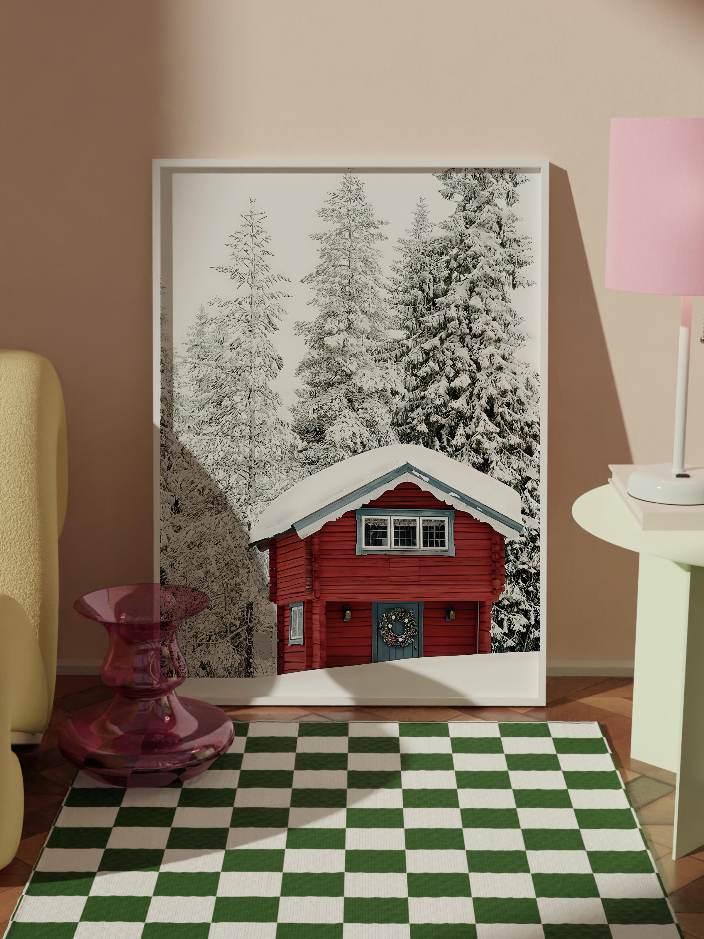 Beyaz Çerçeveli Tablo, Yılbaşı Poster, Yılbaşı Dekoru, Red Holiday Cabin Comfort Serisi NO:108646