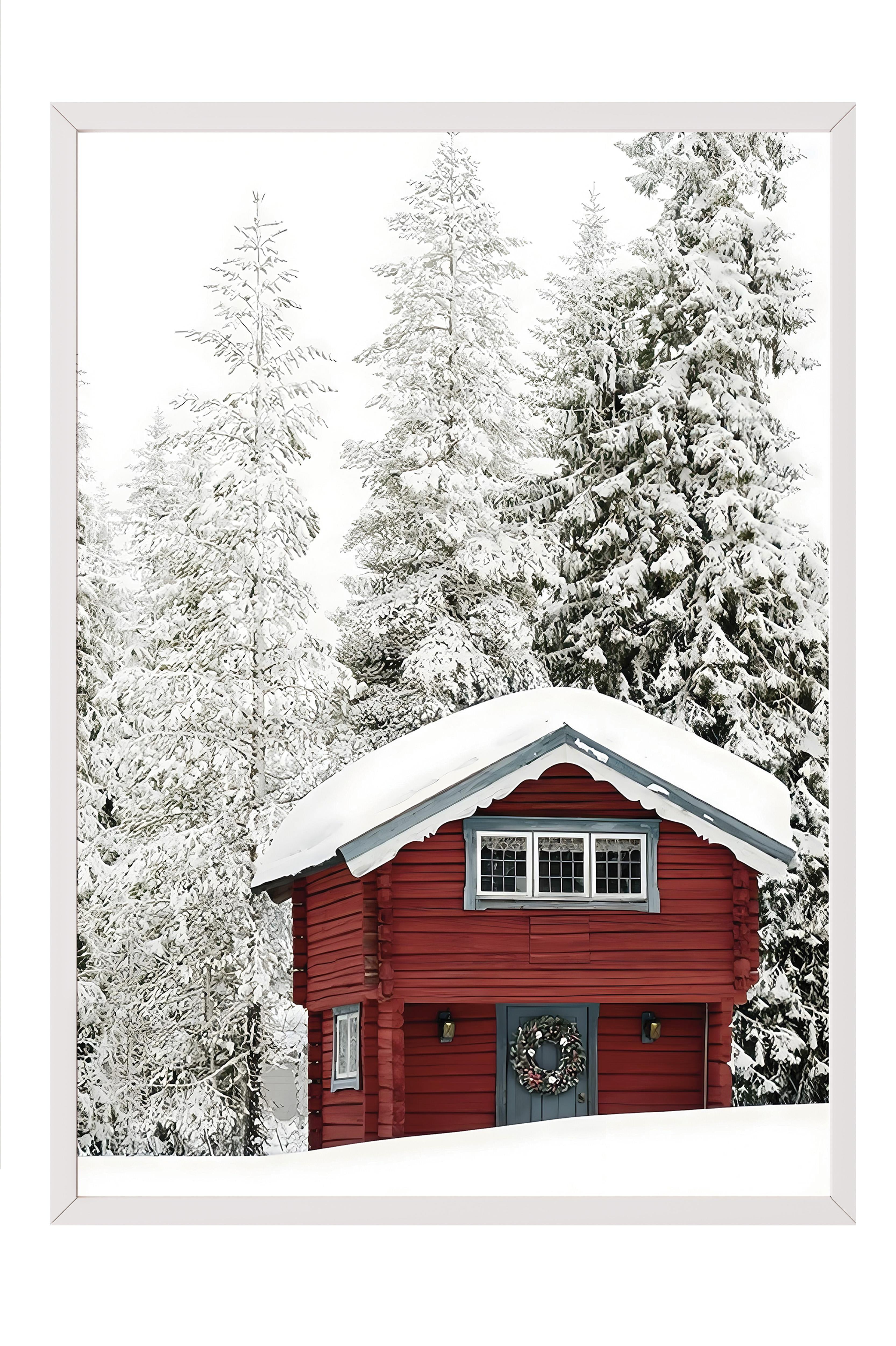 Beyaz Çerçeveli Tablo, Yılbaşı Poster, Yılbaşı Dekoru, Red Holiday Cabin Comfort Serisi NO:108646