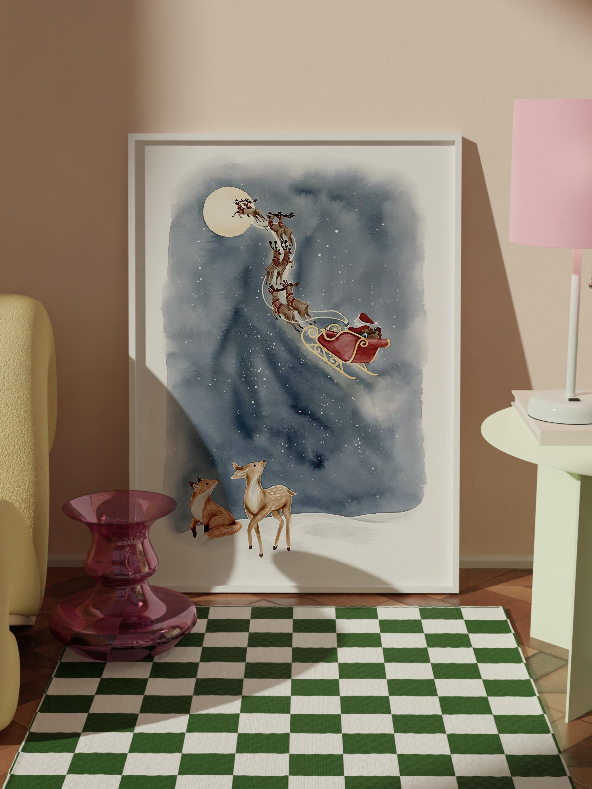 Beyaz Çerçeveli Tablo, Yılbaşı Poster, Yılbaşı Dekoru, Santa's Sleigh Comfort Serisi NO:108639