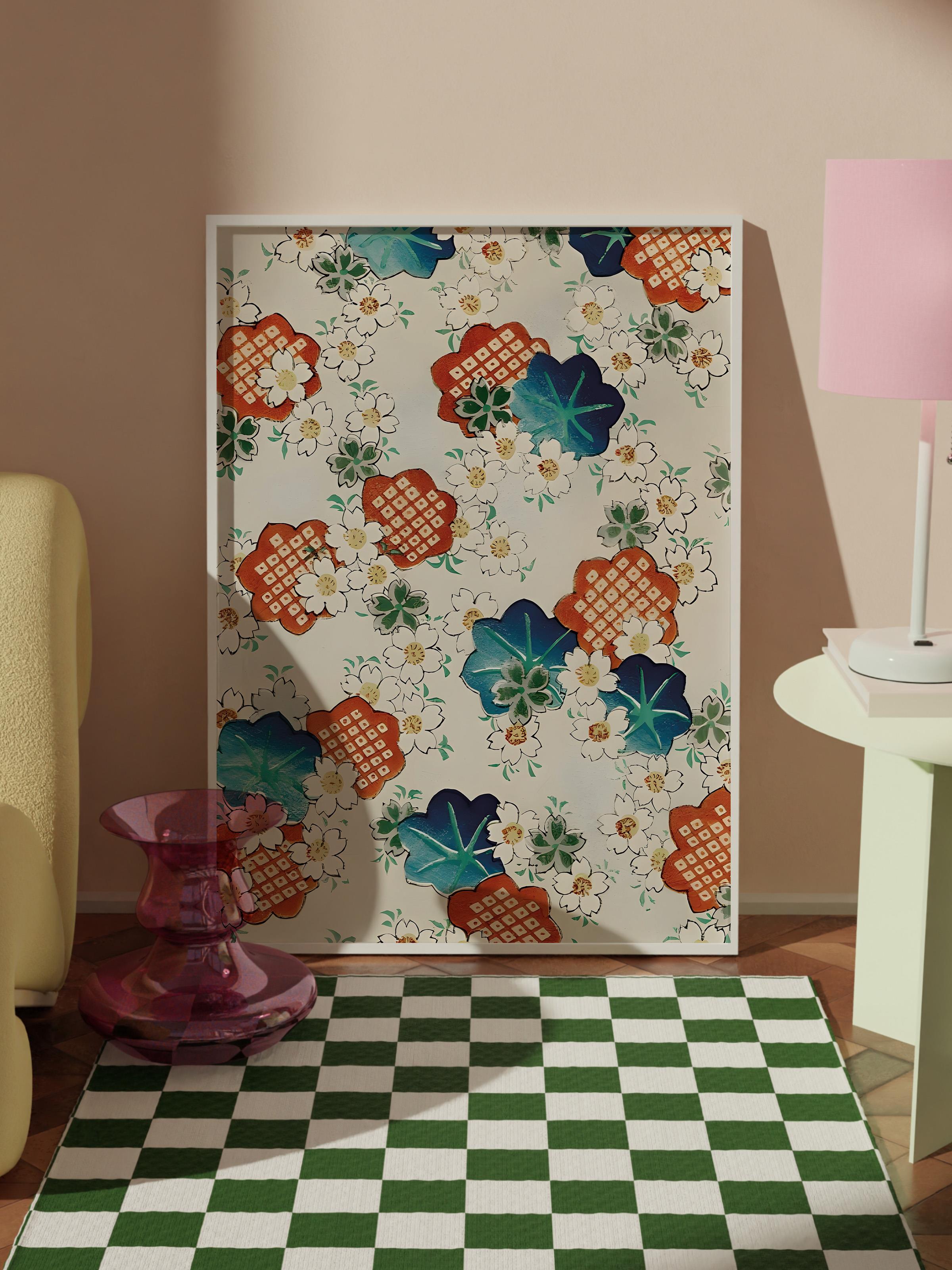 Beyaz Çerçeveli Tablo,  Duvar Tablosu, Watanabe Seitei - Floral Pattern Comfort Serisi NO:108696