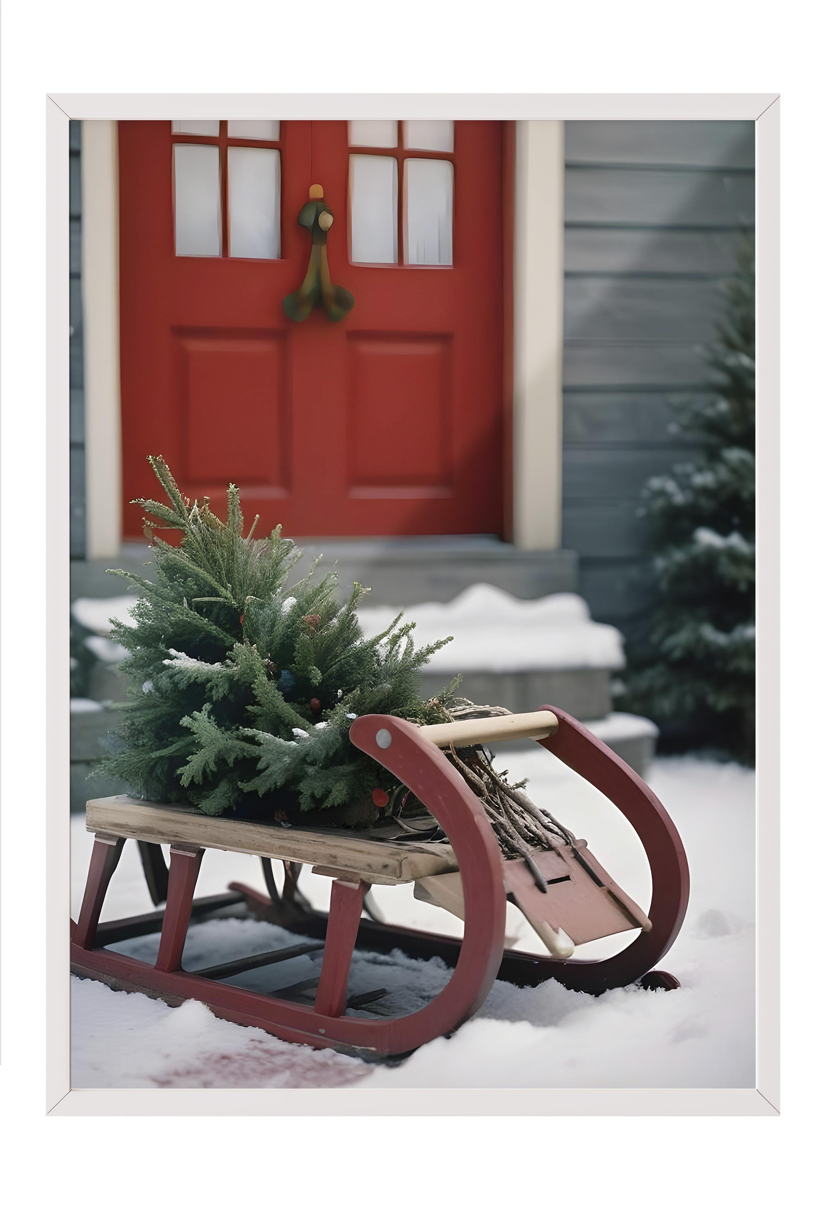 Beyaz Çerçeveli Tablo, Yılbaşı Poster, Yılbaşı Dekoru, Wooden Sleigh Comfort Serisi NO:108620