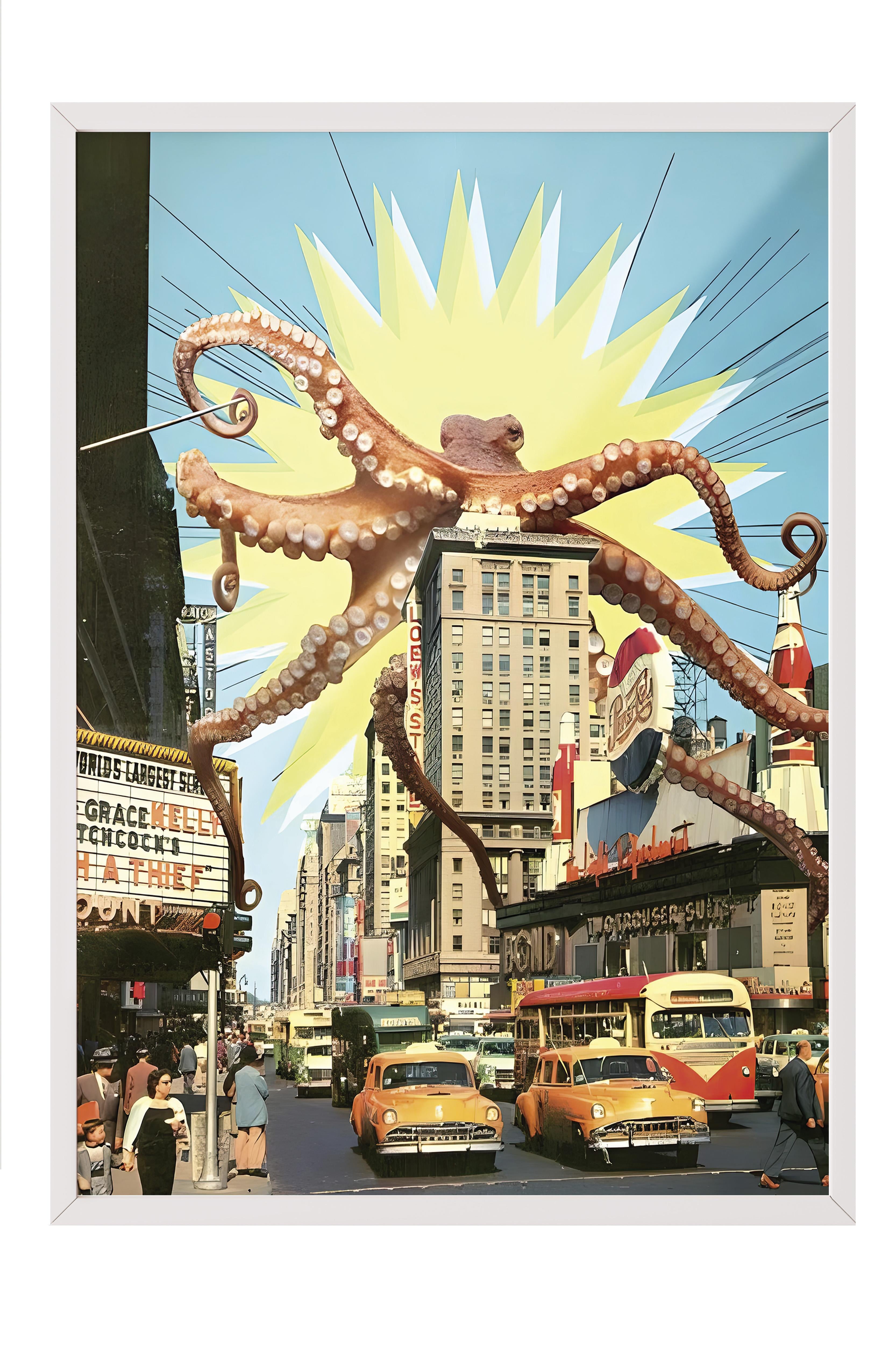 Beyaz Çerçeveli Tablo, Sanatsal Tasarım Duvar Tablo, Attack of the Octopus Comfort Serisi NO:108732