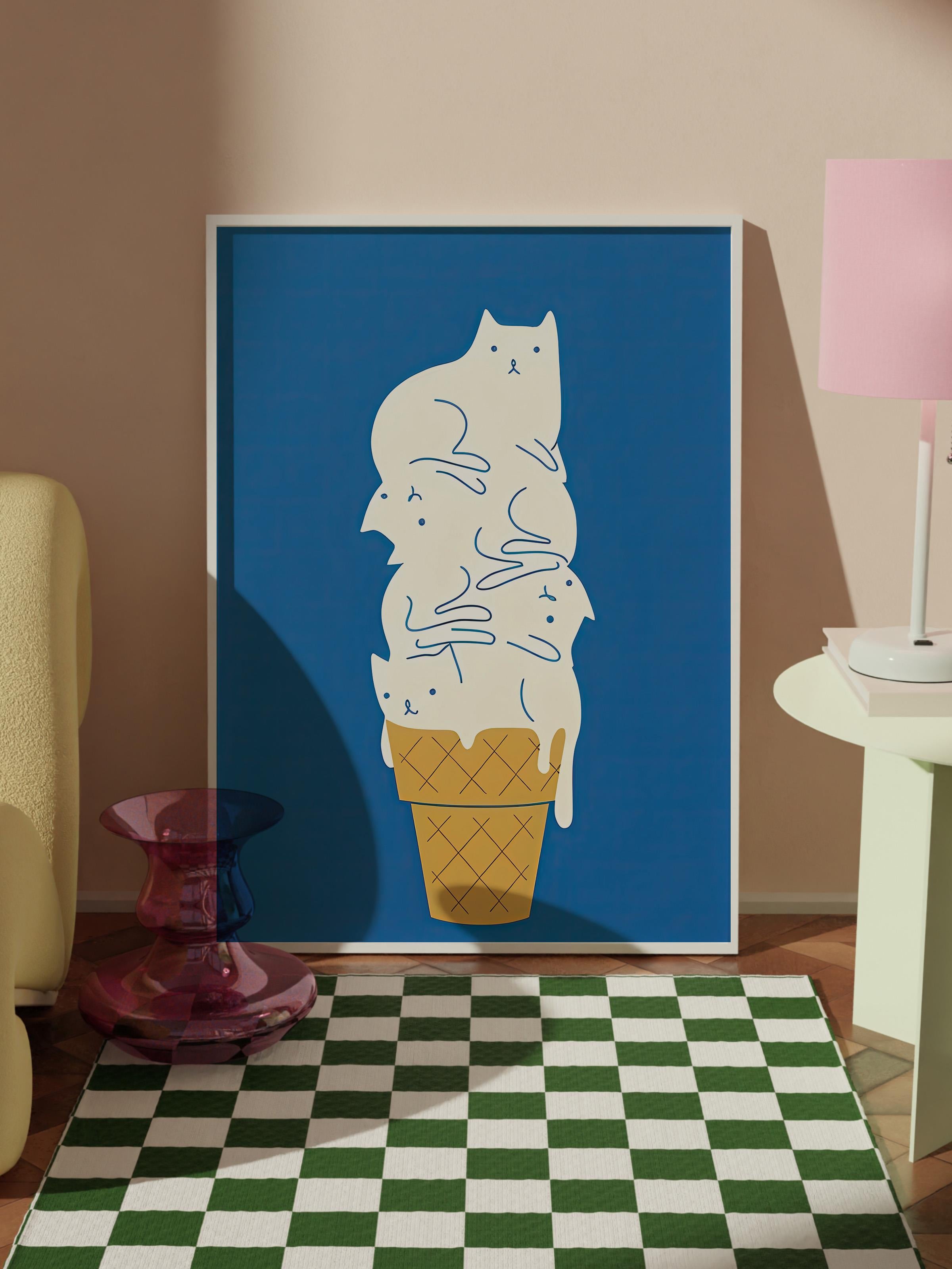 Beyaz Çerçeveli Tablo, Sanatsal Tasarım Duvar Tablosu, Cats Ice Cream Comfort Serisi NO:108731