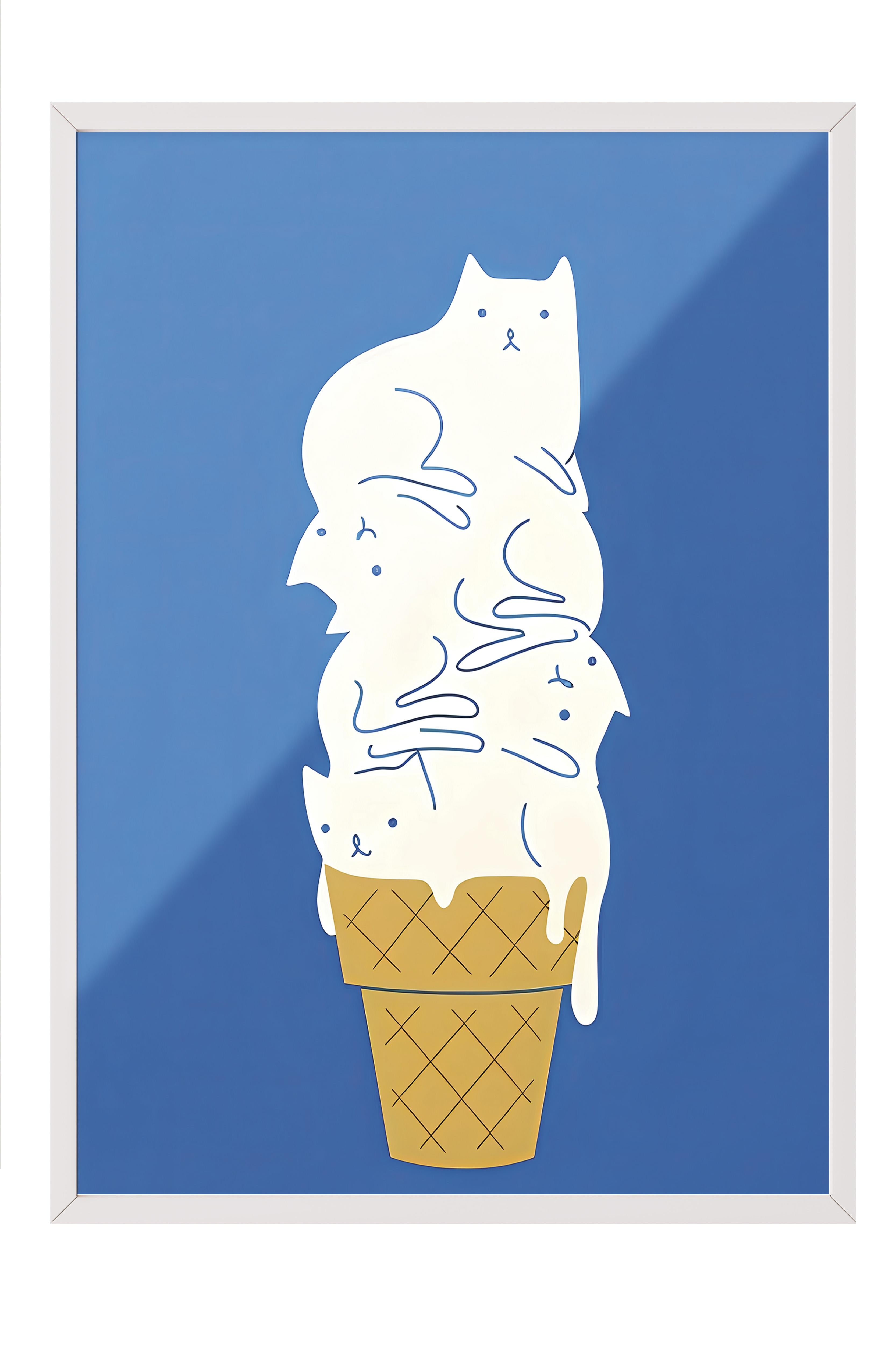 Beyaz Çerçeveli Tablo, Sanatsal Tasarım Duvar Tablosu, Cats Ice Cream Comfort Serisi NO:108731