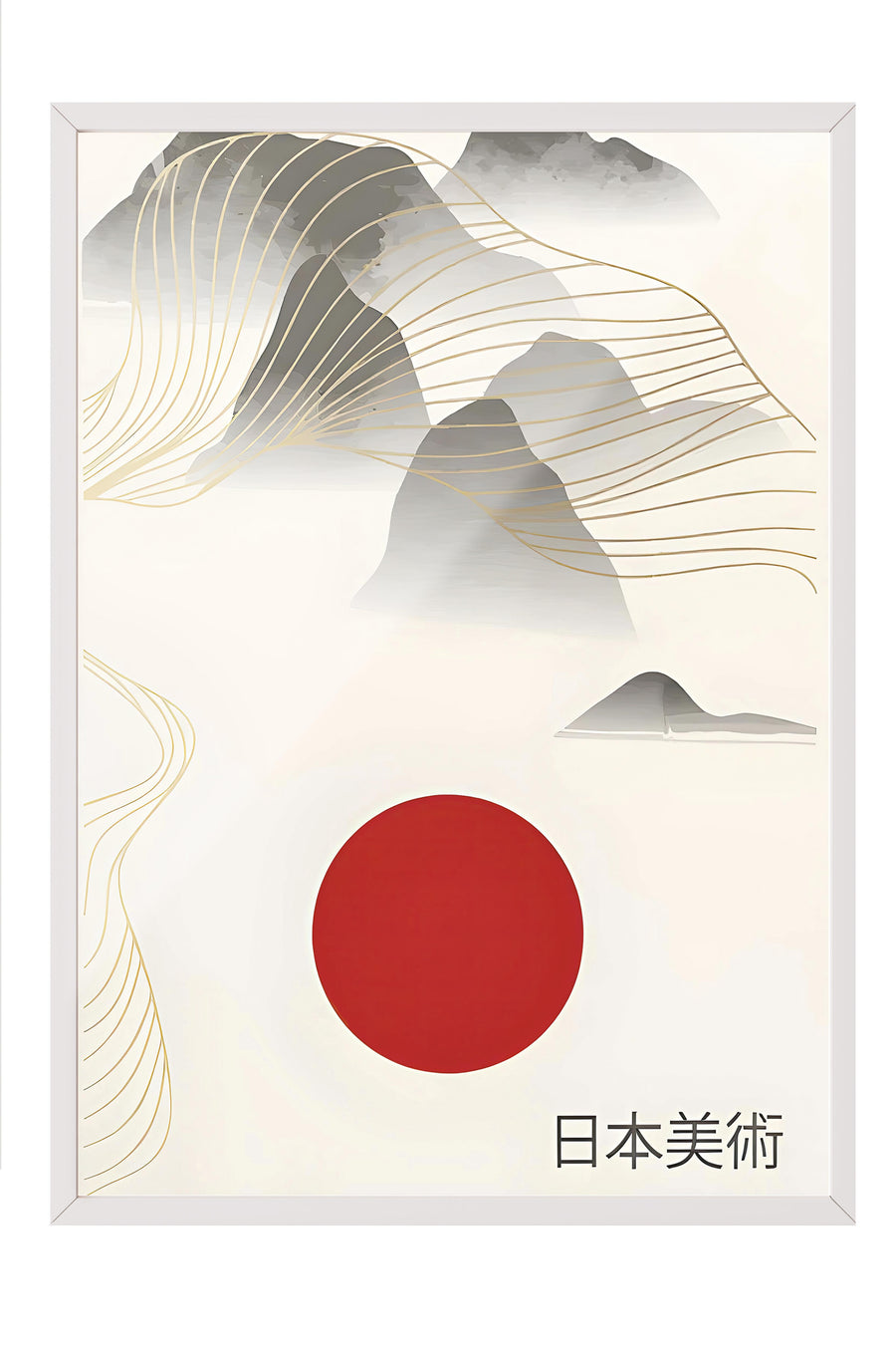 Kızıl Güneş ve Dağlar Japon Sanatı Poster – Beyaz Çerçeveli Tablo