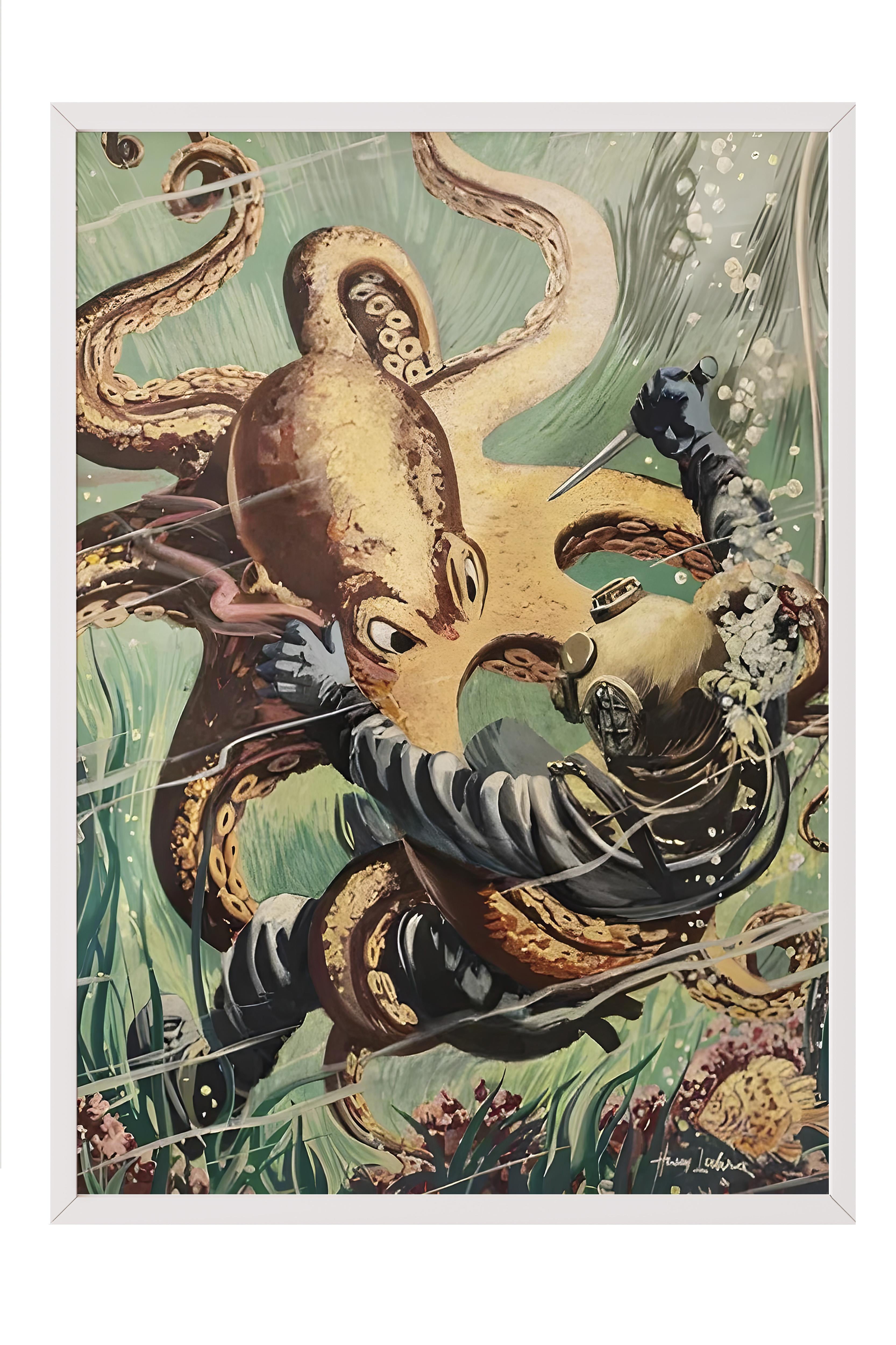 Beyaz Çerçeveli Tablo, Sanatsal Tasarım Duvar Tablosu, Octopus Attacks Comfort Serisi NO:108733