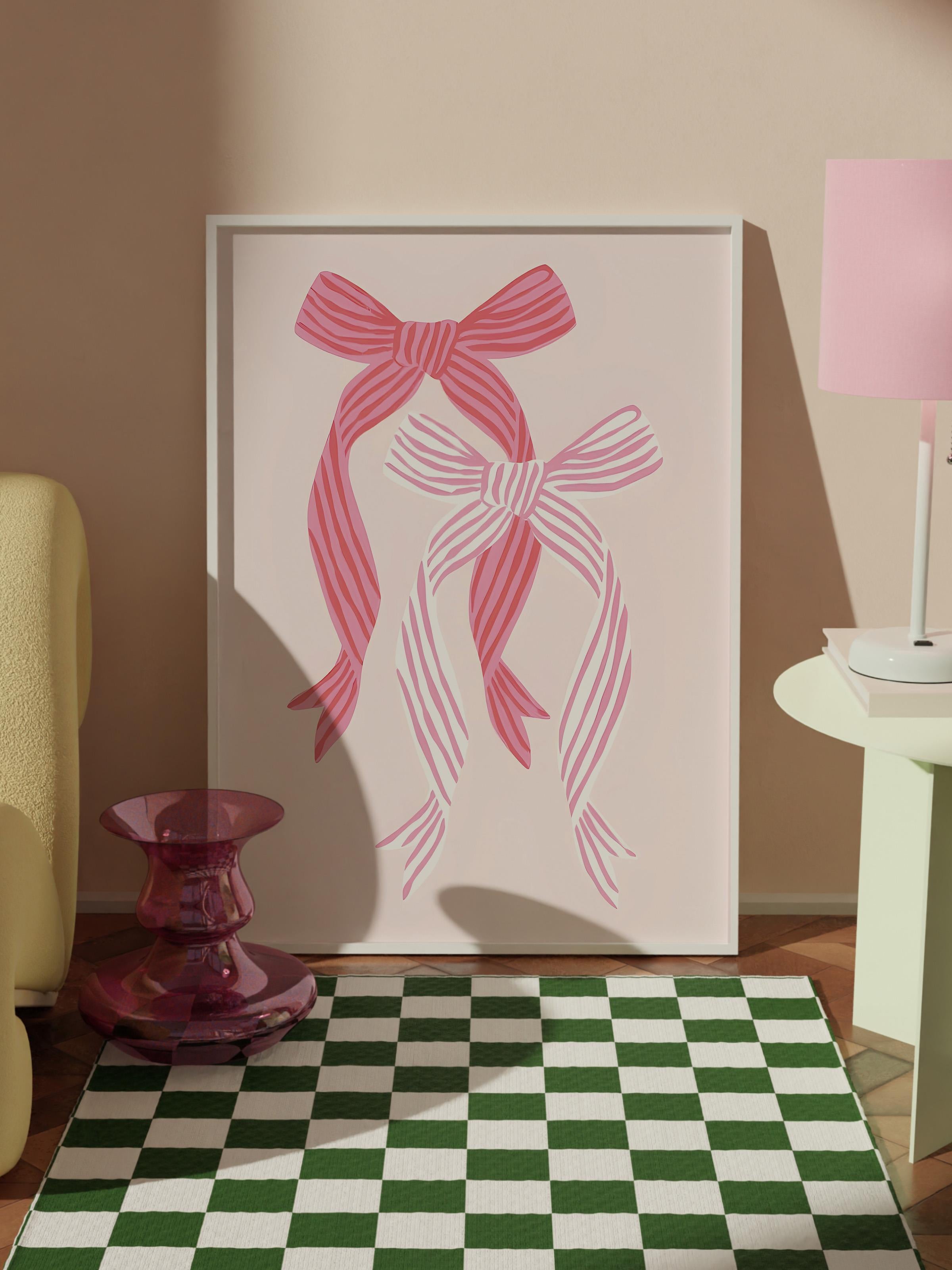 Beyaz Çerçeveli Tablo, Sanatsal Tasarım Duvar Tablo, Striped Bows in Pinks Comfort Serisi NO:108727