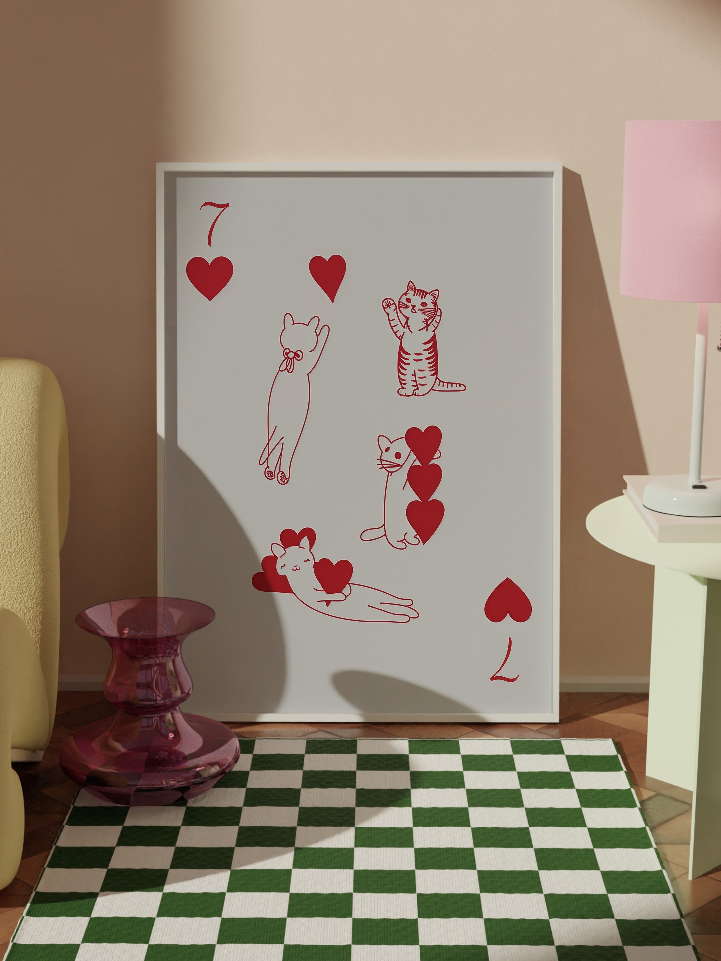 Beyaz Çerçeveli Tablo, Red | 7 of Hearts with Cats, Comfort Serisi Poster ve Duvar Tablosu, NO:108938