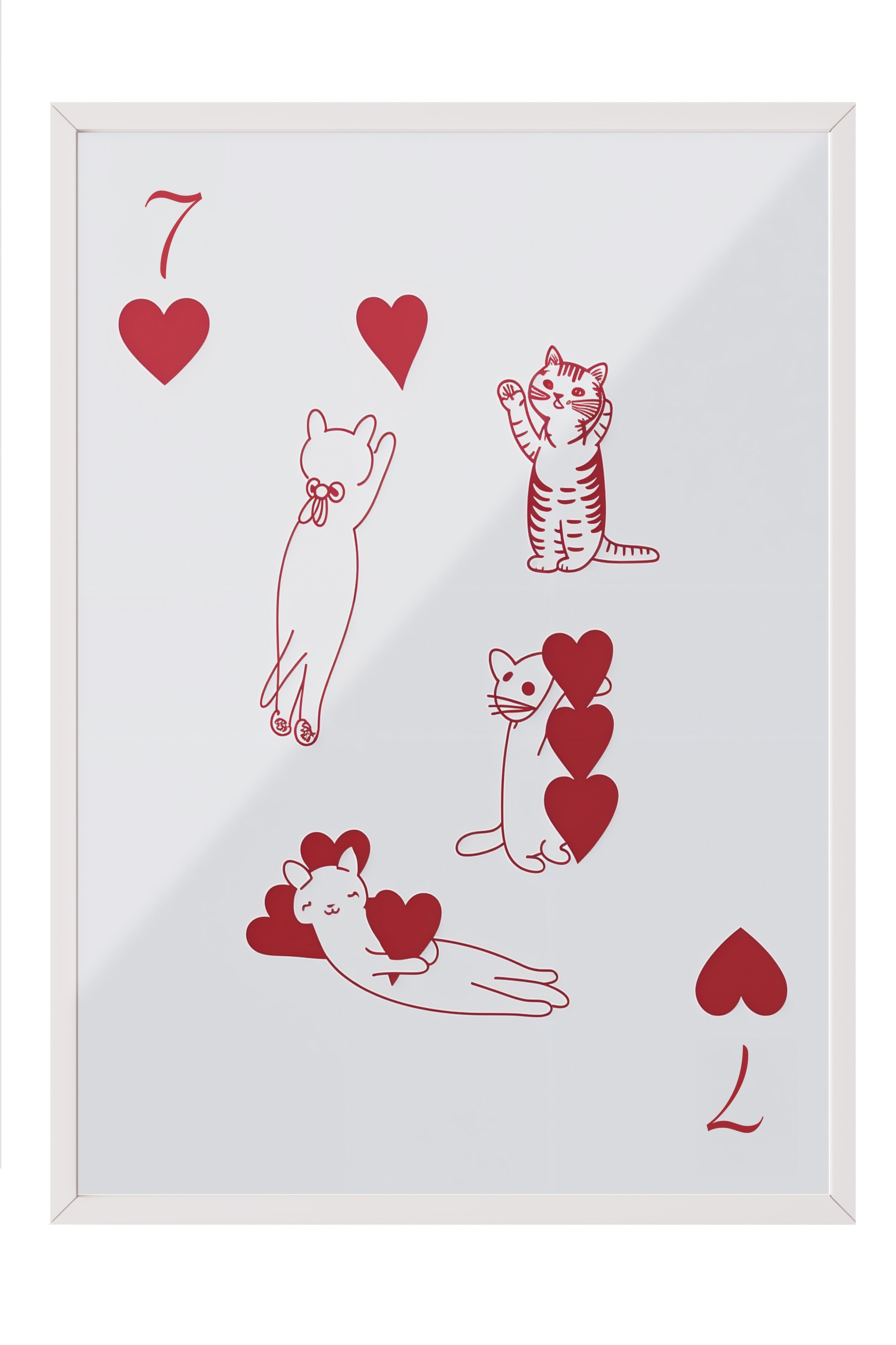 Beyaz Çerçeveli Tablo, Red | 7 of Hearts with Cats, Comfort Serisi Poster ve Duvar Tablosu, NO:108938