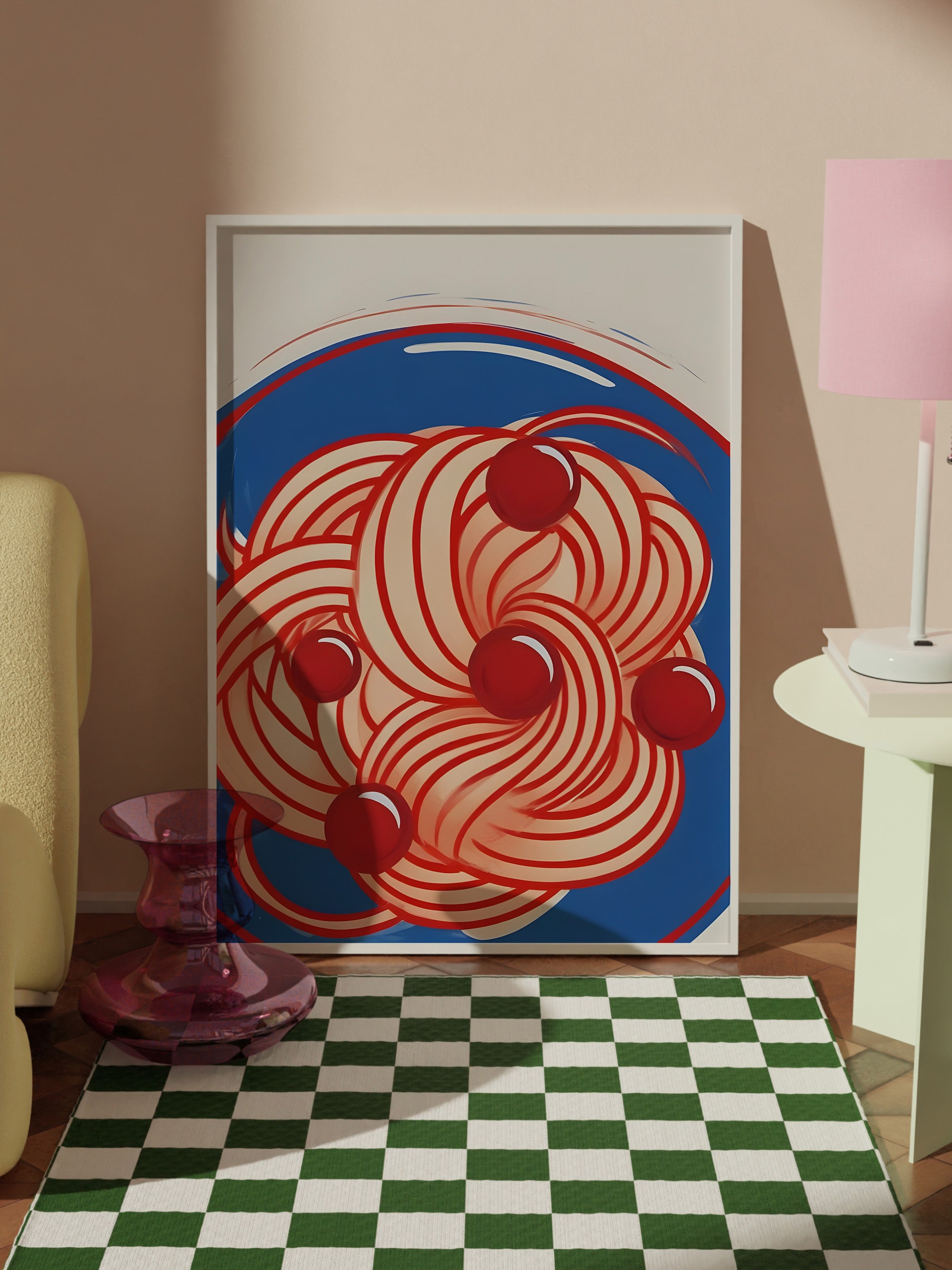 Beyaz Çerçeveli Tablo, Red Pasta, Blue Bowl, Comfort Serisi Mutfak Duvar Tablosu, NO:109098