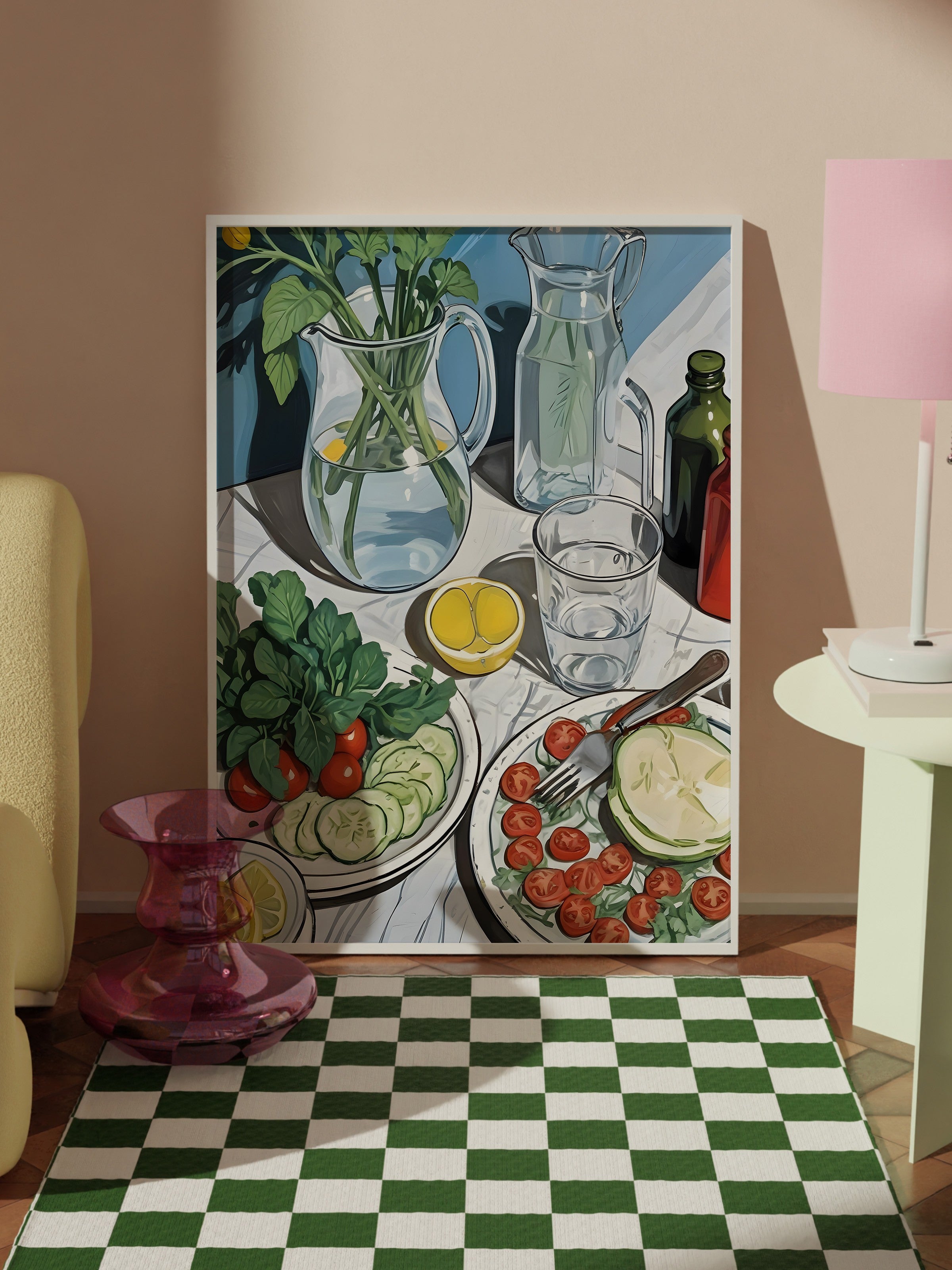 Beyaz Çerçeveli Tablo, Salad's Table, Comfort Serisi Mutfak Duvar Tablosu, NO:109065