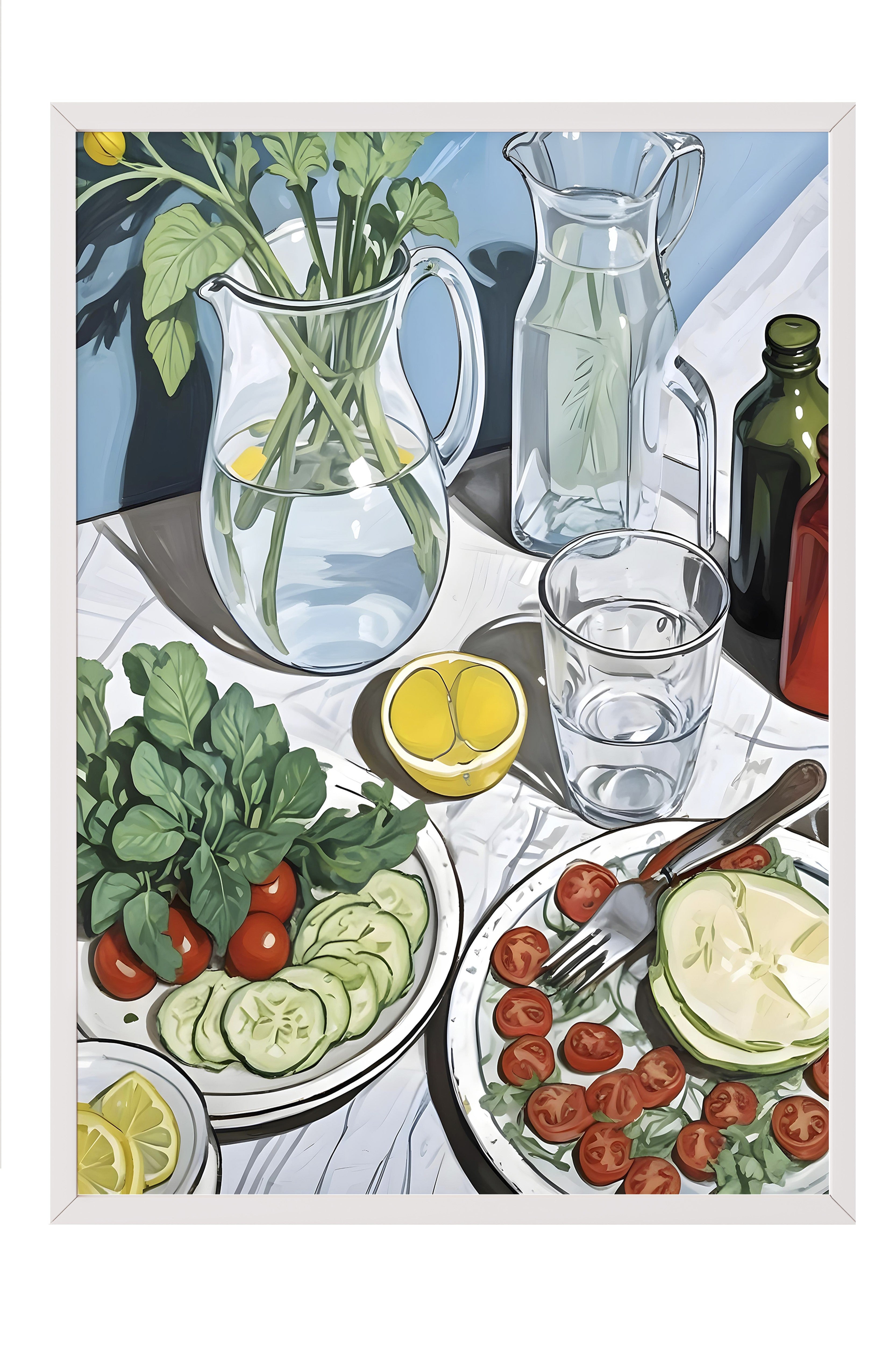 Beyaz Çerçeveli Tablo, Salad's Table, Comfort Serisi Mutfak Duvar Tablosu, NO:109065
