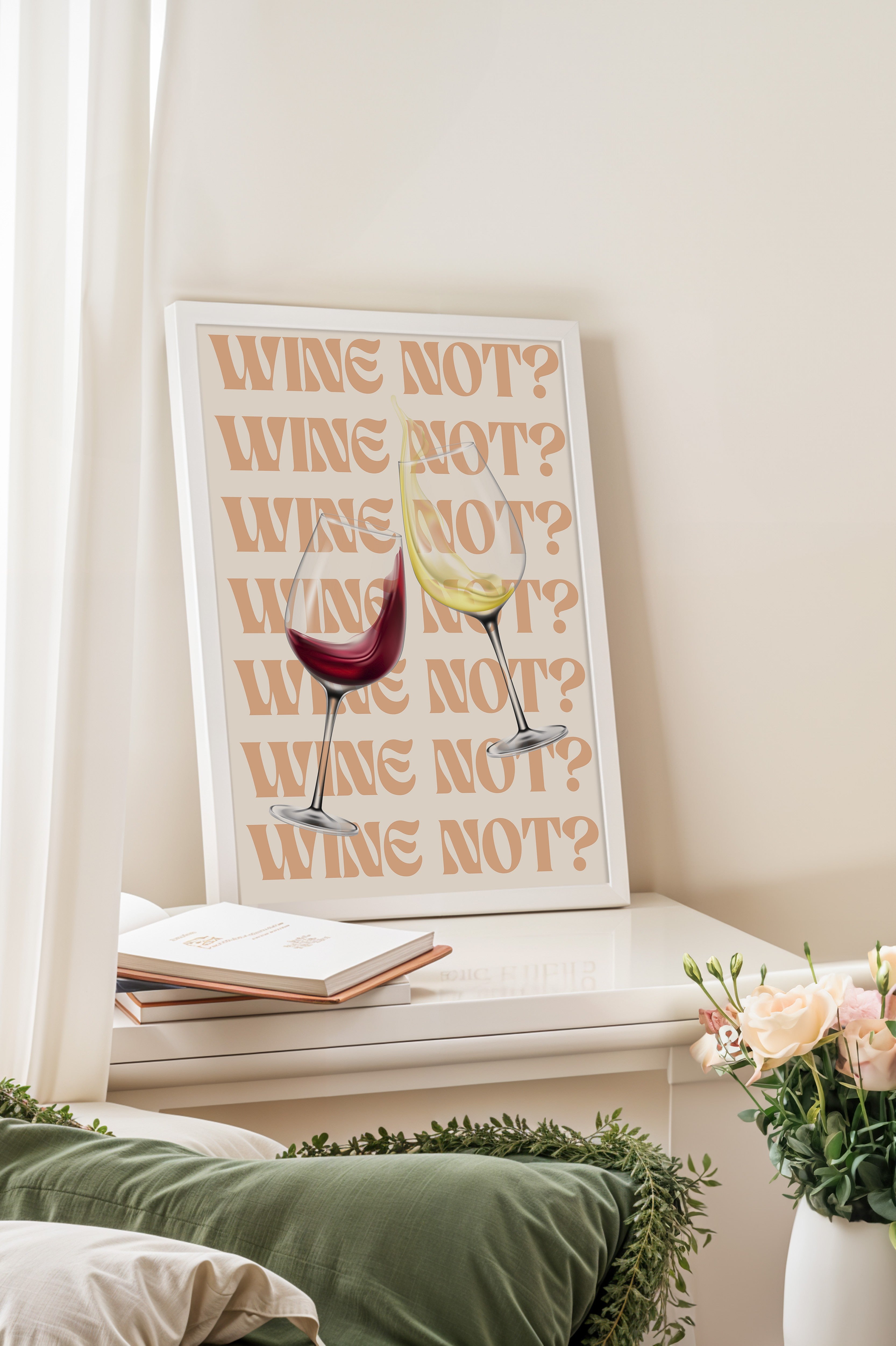 Beyaz Çerçeveli Tablo, Şarap Kadehi, Dijital Resim, Minimalist, Kırmızı, Bej Renk Poster, 2025 Yaz Seçkisi, NO:109804