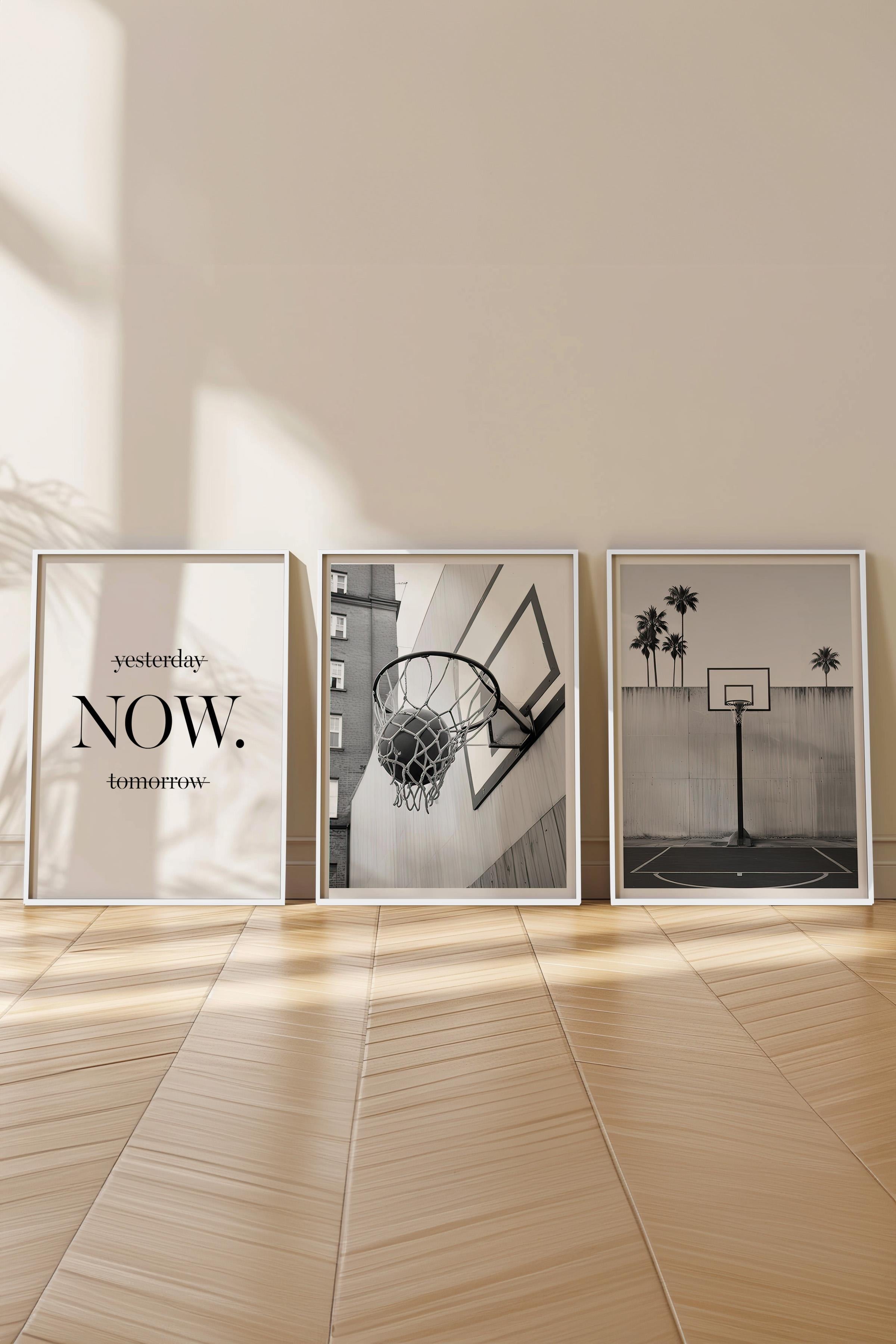 Beyaz Çerçeveli Tablo Seti, Beyaz Beyaz Basket Temalı Duvar Tablosu, 3 Adet Poster Seti, No:300698
