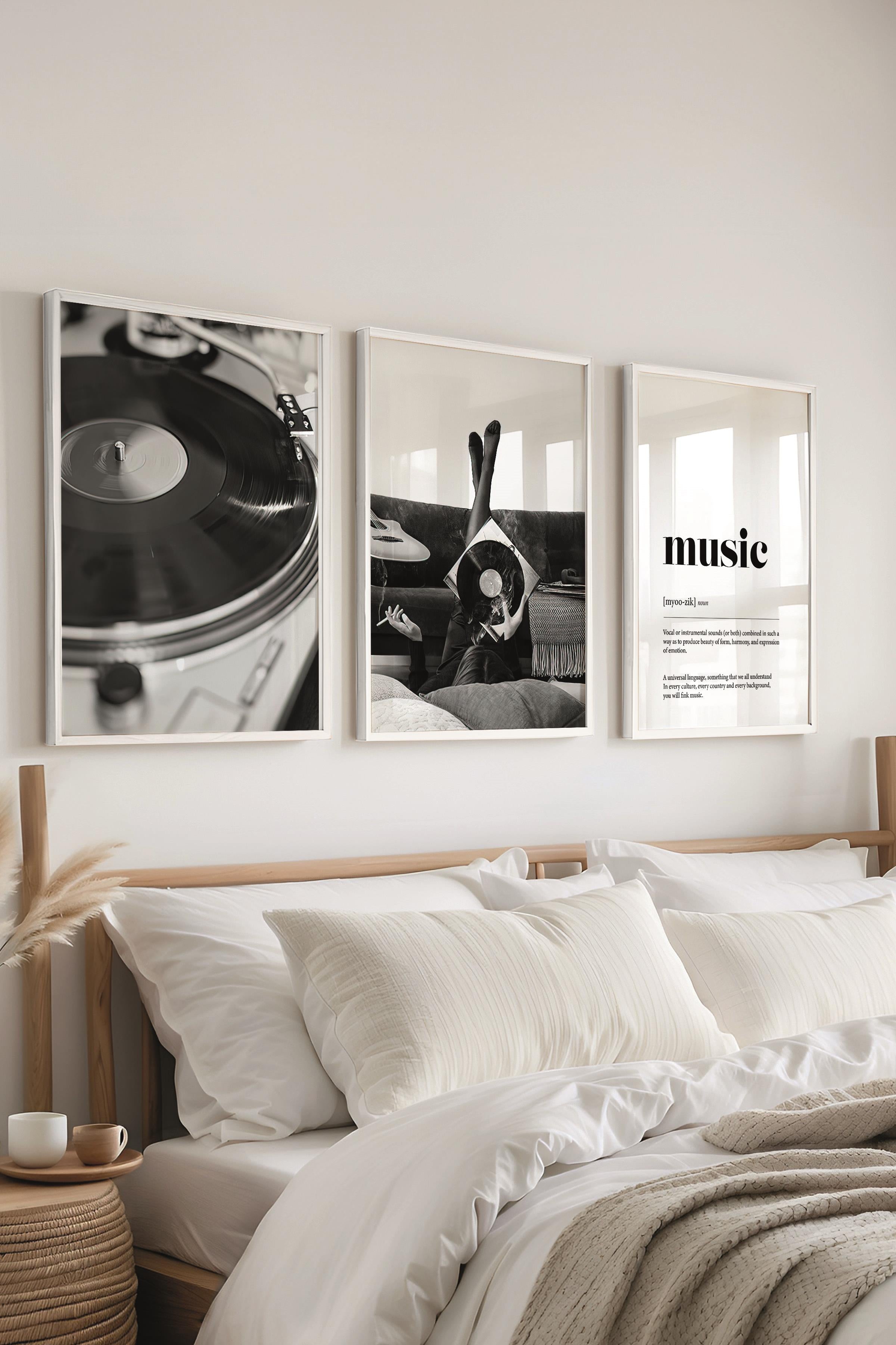 Beyaz Çerçeveli Tablo Seti, Beyaz Beyaz Müzik Duvar Tablosu, 3 Adet Poster Seti, No:300720