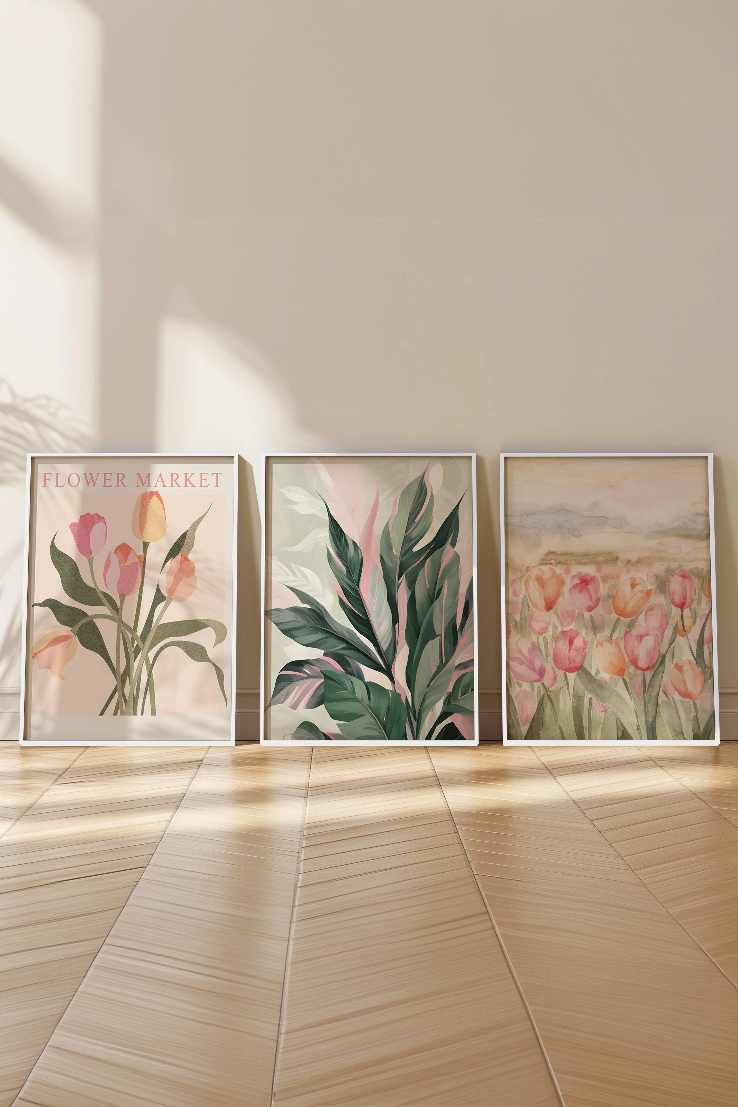 Beyaz Çerçeveli Tablo Seti, Çiçekler Duvar Tablosu, 3 Adet Poster Seti, No:300778