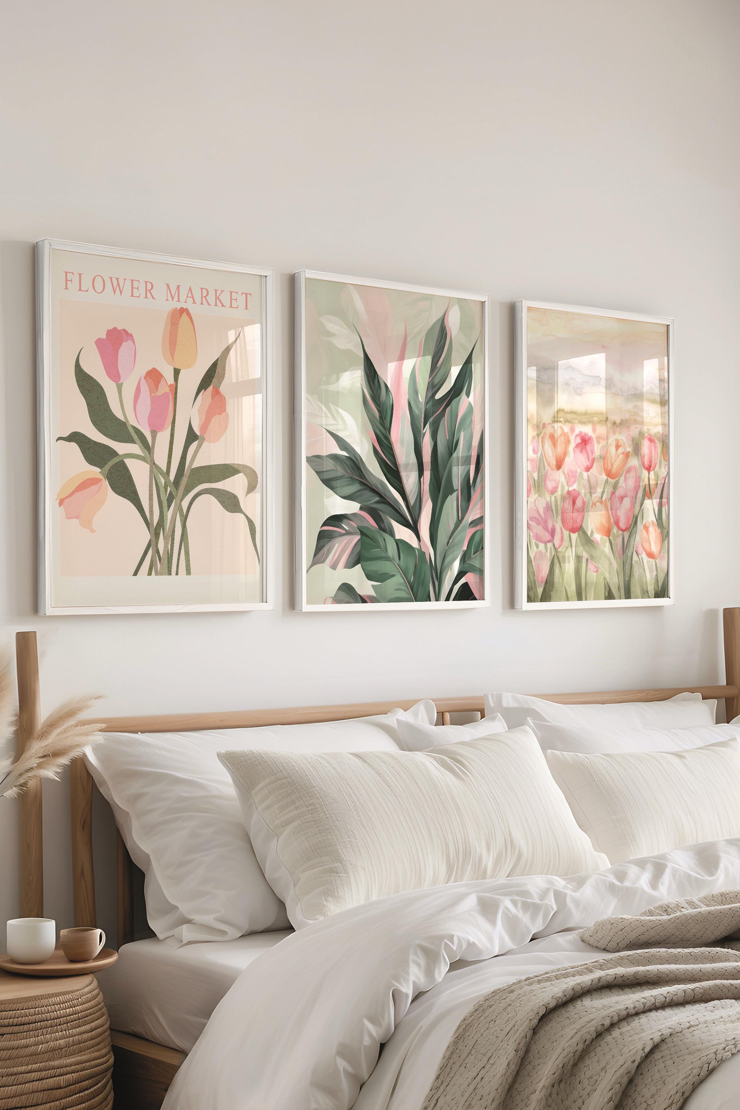 Beyaz Çerçeveli Tablo Seti, Çiçekler Duvar Tablosu, 3 Adet Poster Seti, No:300778