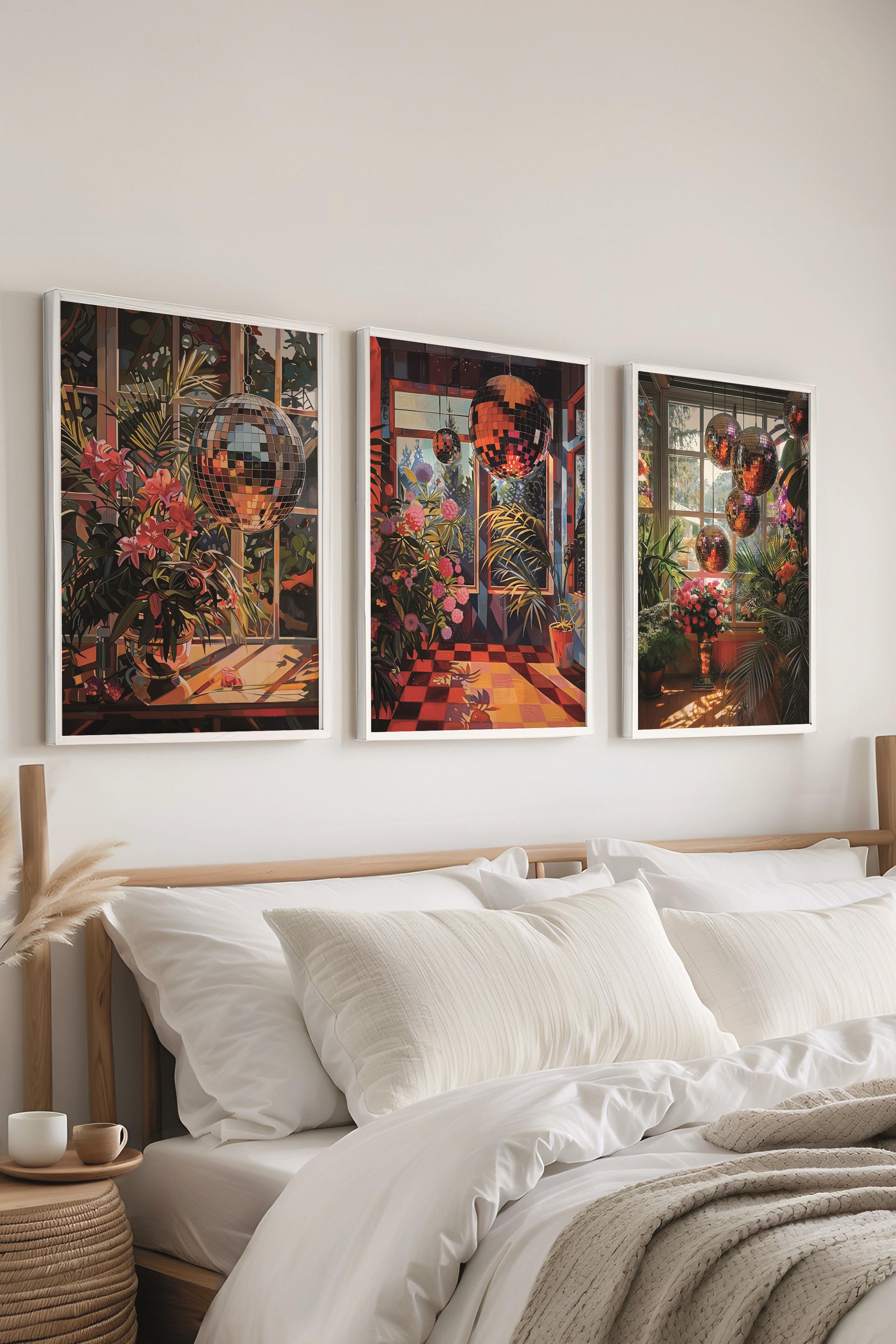 Beyaz Çerçeveli Tablo Seti, Disko Topu Maximalist Duvar Tablosu, 3 Adet Poster Seti, No:300793