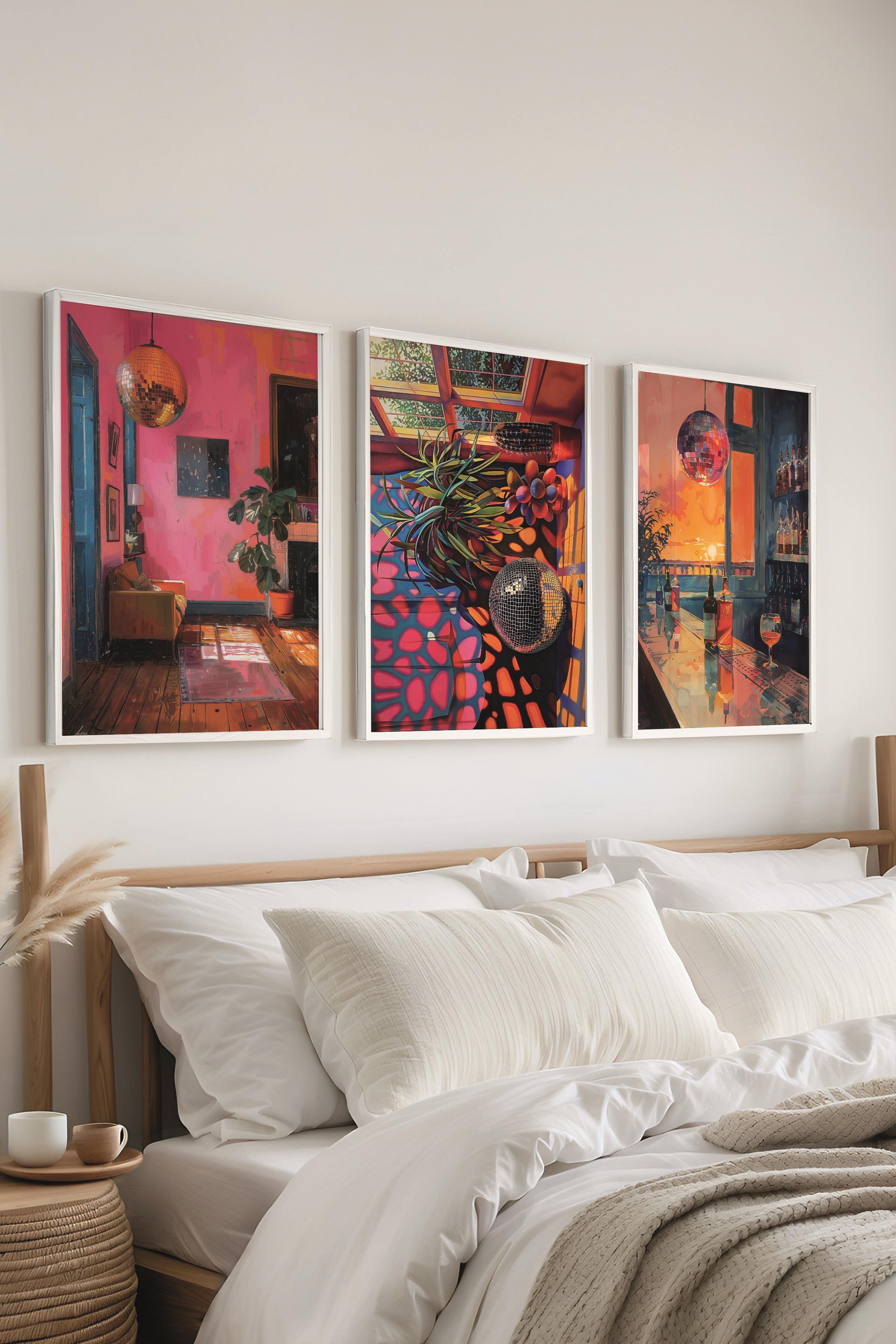 Beyaz Çerçeveli Tablo Seti, Disko Topu Maximalist Duvar Tablosu, 3 Adet Poster Seti, No:300794