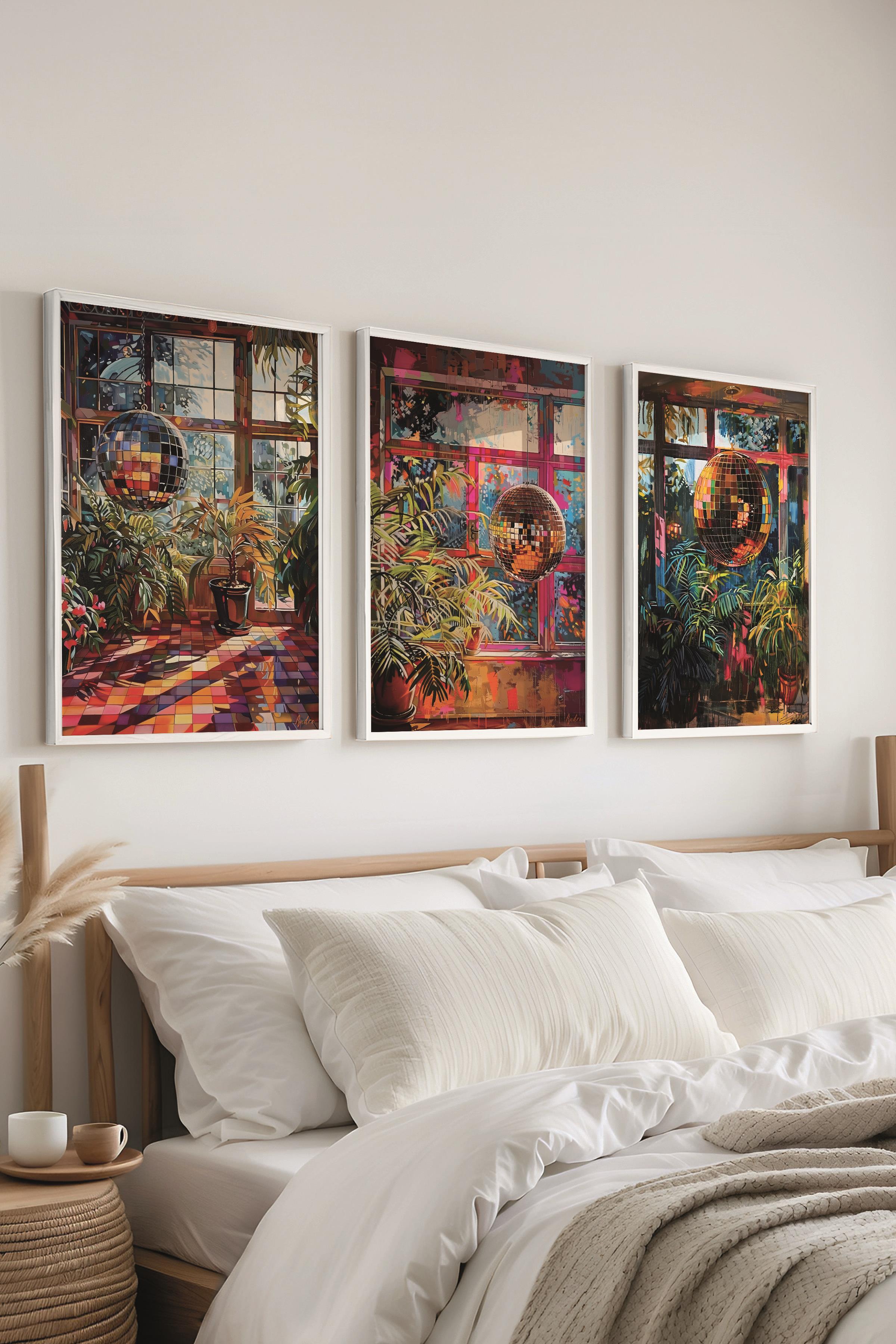 Beyaz Çerçeveli Tablo Seti, Disko Topu Maximalist Duvar Tablosu, 3 Adet Poster Seti, No:300797