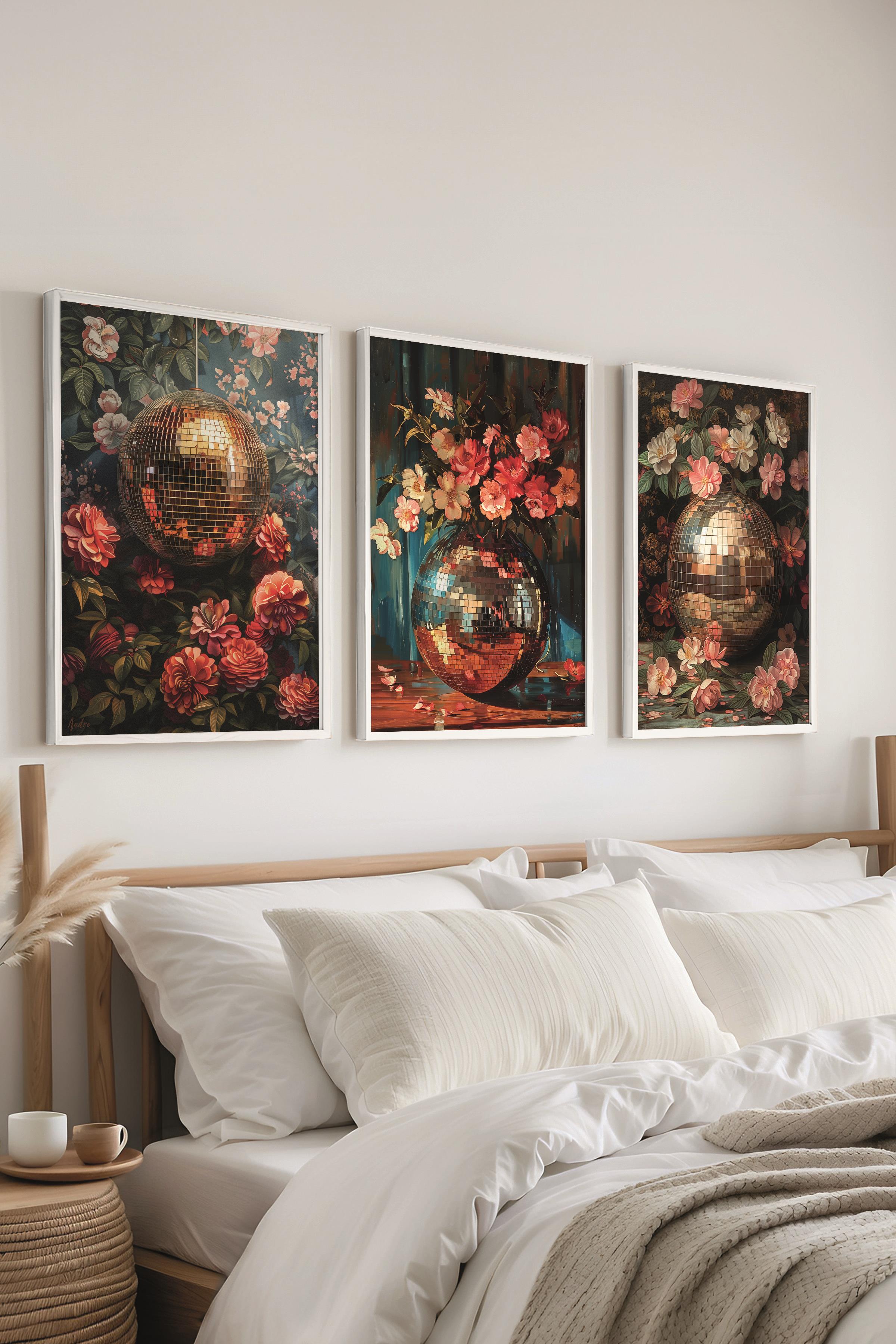 Beyaz Çerçeveli Tablo Seti, Disko Topu Maximalist Duvar Tablosu, 3 Adet Poster Seti, No:300798