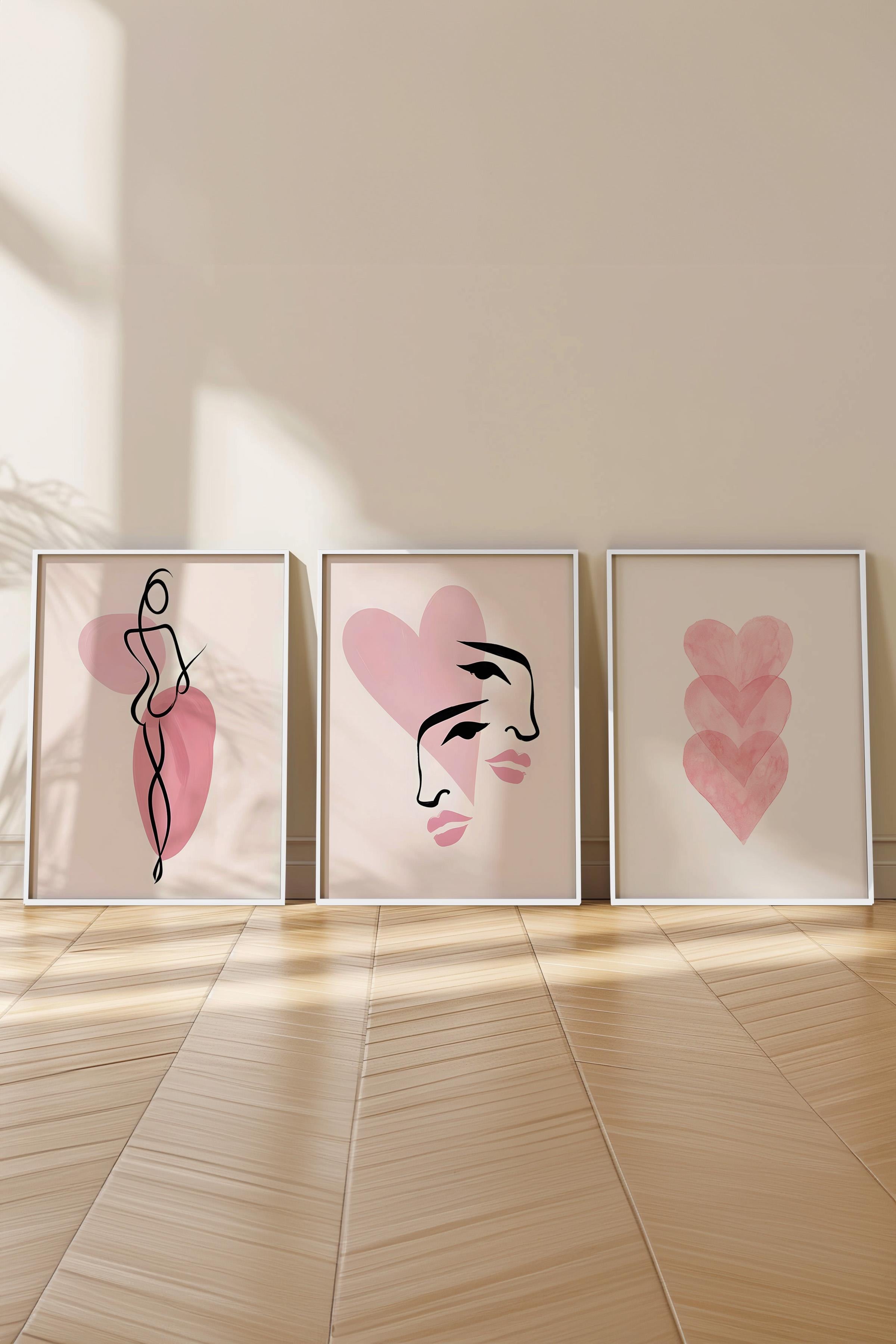 Beyaz Çerçeveli Tablo Seti, Pembe Duvar Tablosu, 3 Adet Poster Seti, No:300749