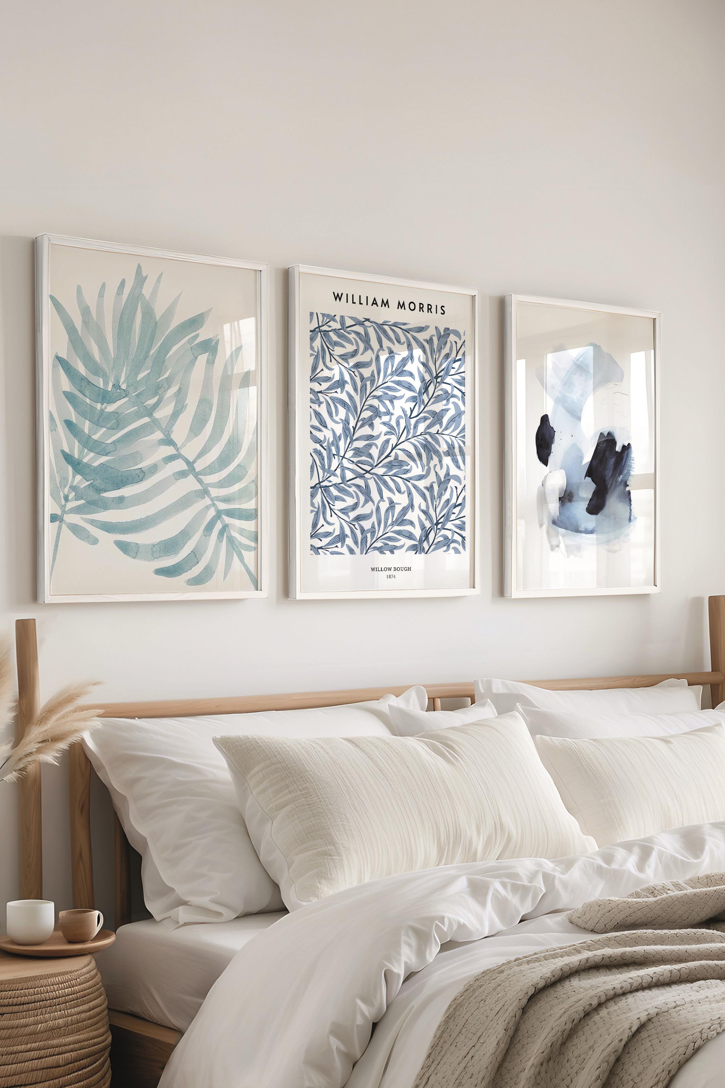 Beyaz Çerçeveli Tablo Seti, Soft Mavi William Morris Duvar Tablosu, 3 Adet Poster Seti, No:300786