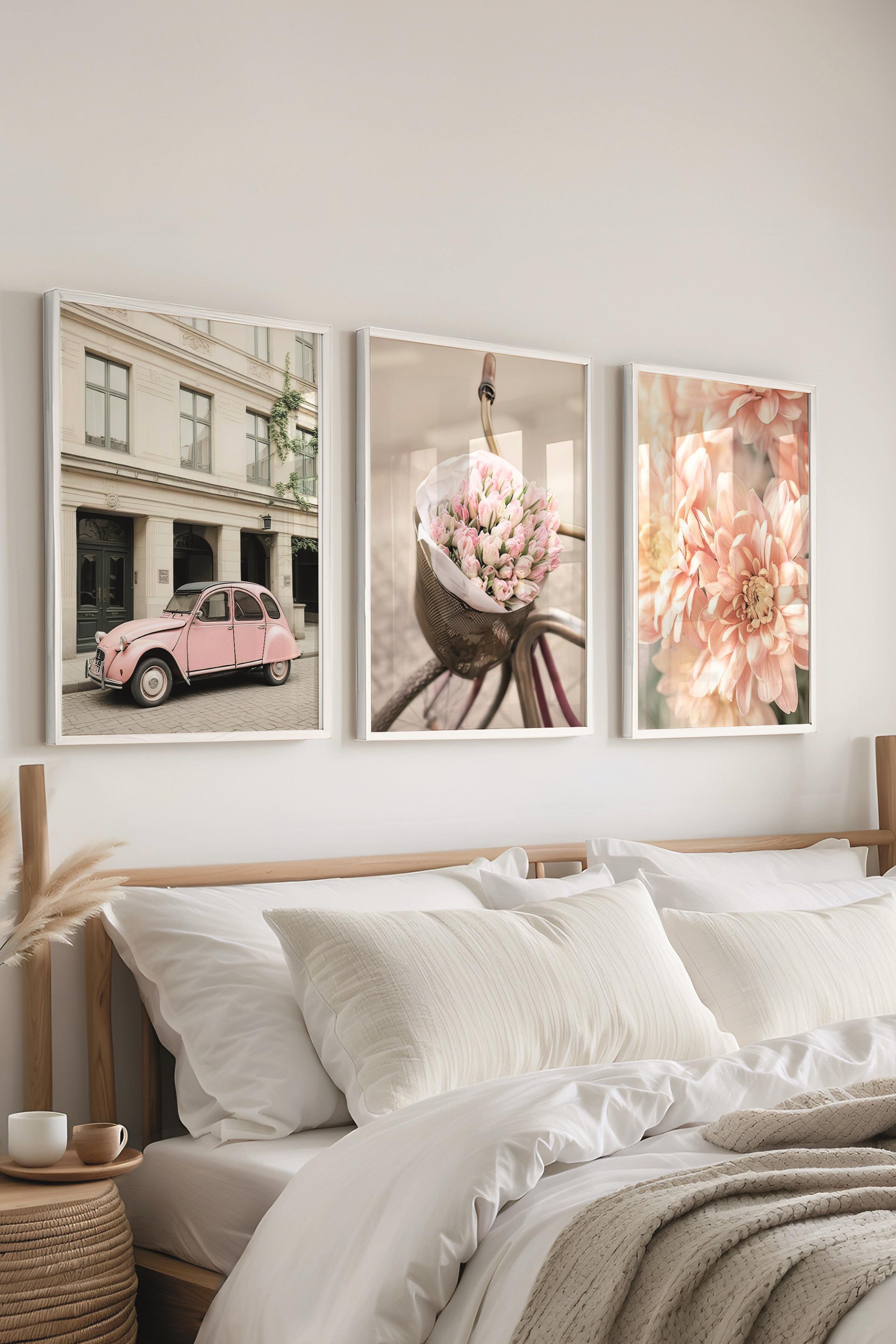 Beyaz Çerçeveli Tablo Seti, Soft Pembe Duvar Tablosu, 3 Adet Poster Seti, No:300718