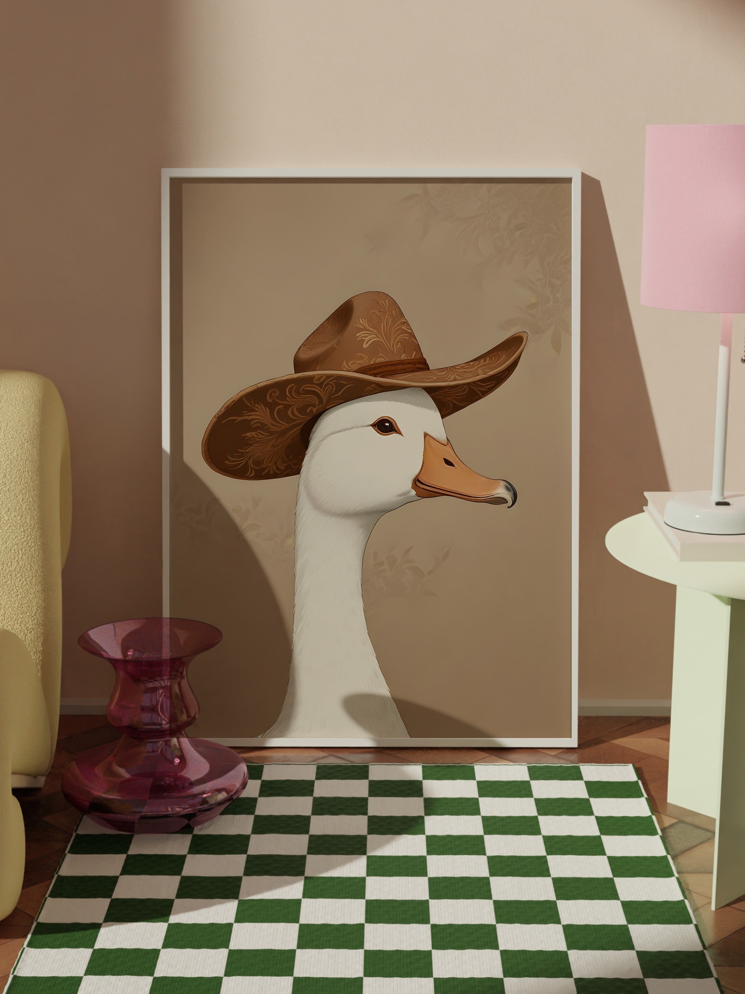 Beyaz Çerçeveli Tablo, Silly Cowboy Goose, Comfort Serisi Poster ve Duvar Tablosu, NO:108955