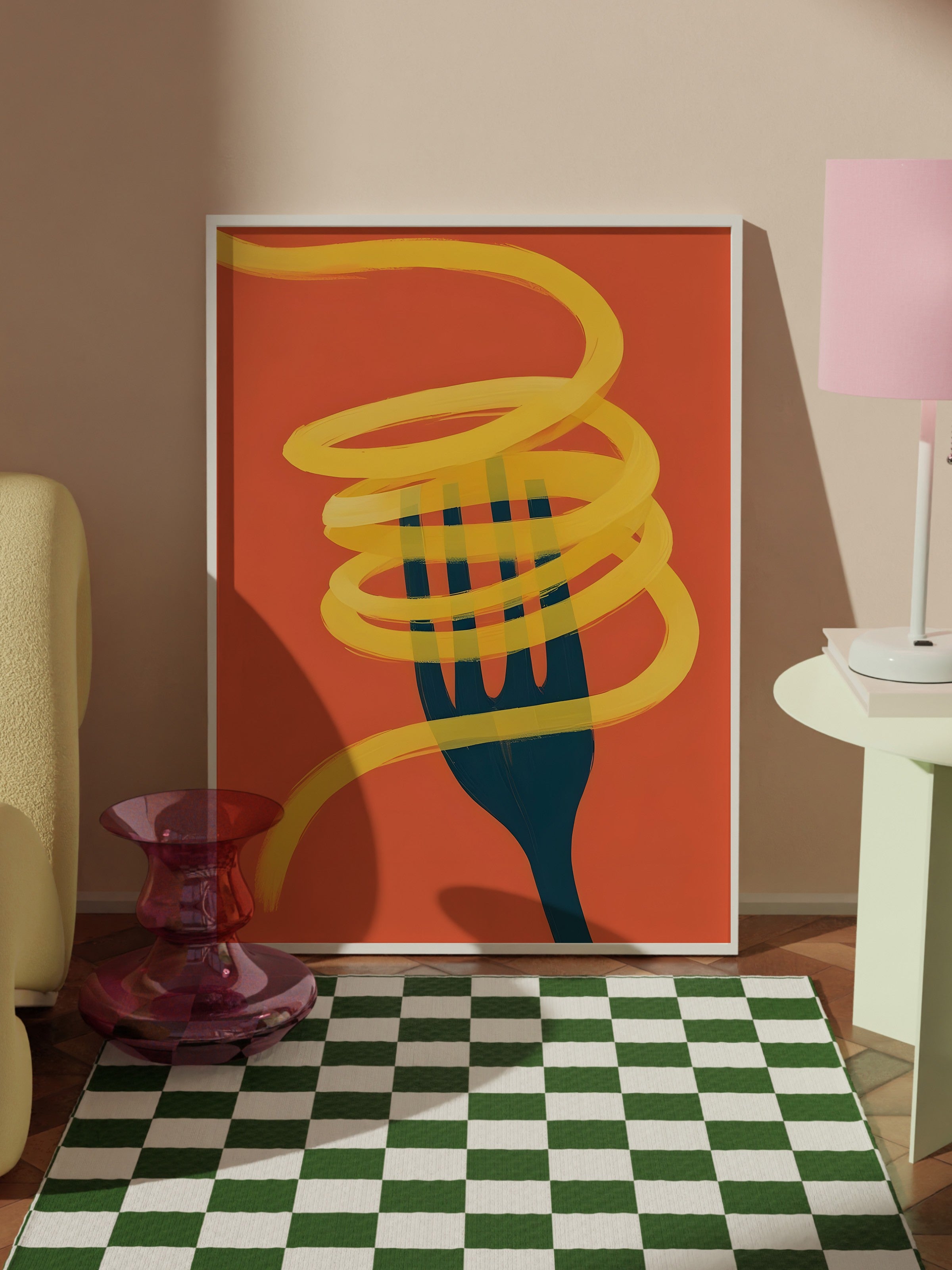 Beyaz Çerçeveli Tablo, Spaghetti Fork, Comfort Serisi Mutfak Duvar Tablosu, NO:109081