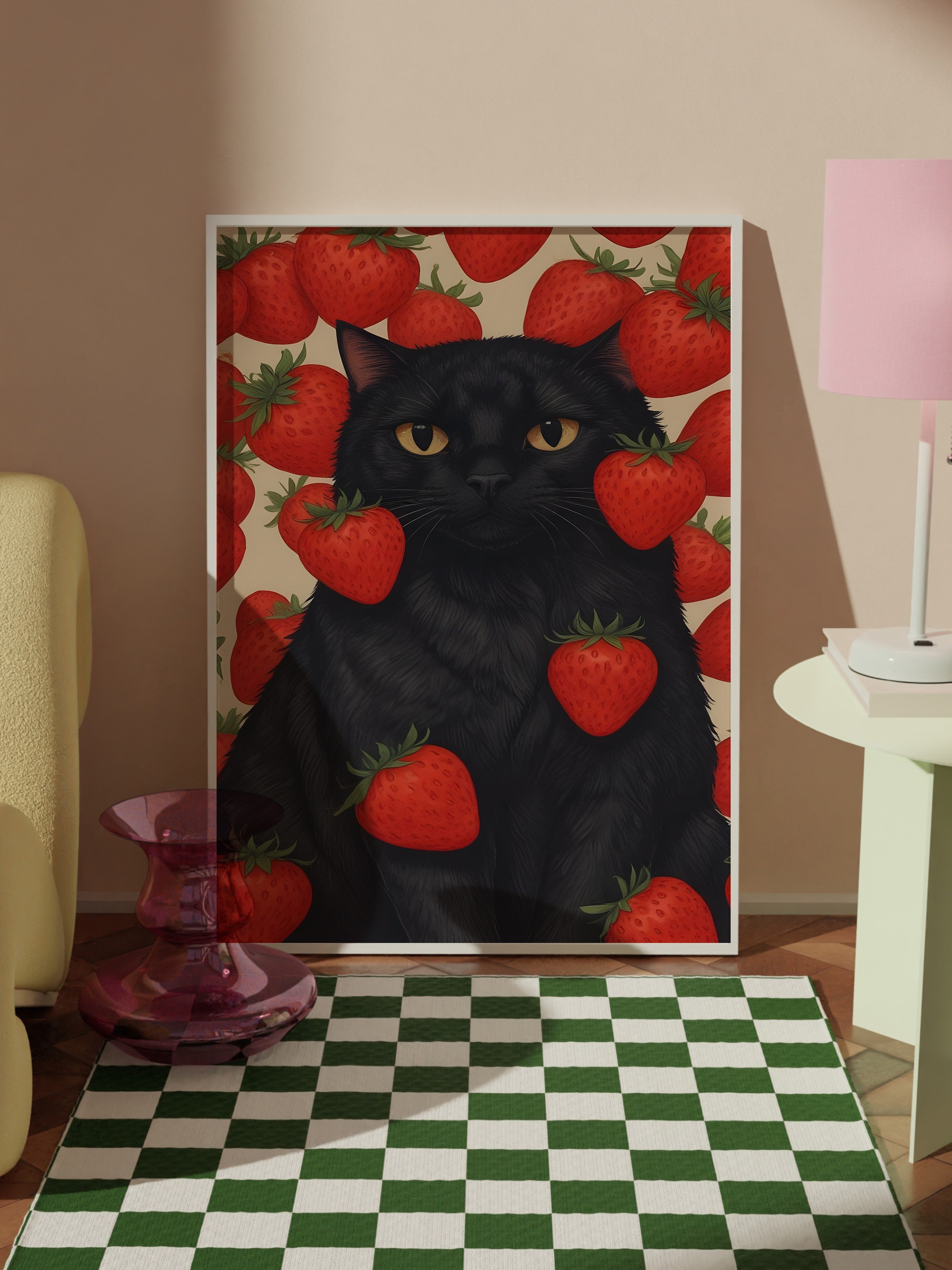 Beyaz Çerçeveli Tablo, Strawberry Cat, Comfort Serisi Mutfak Duvar Tablosu, NO:109108