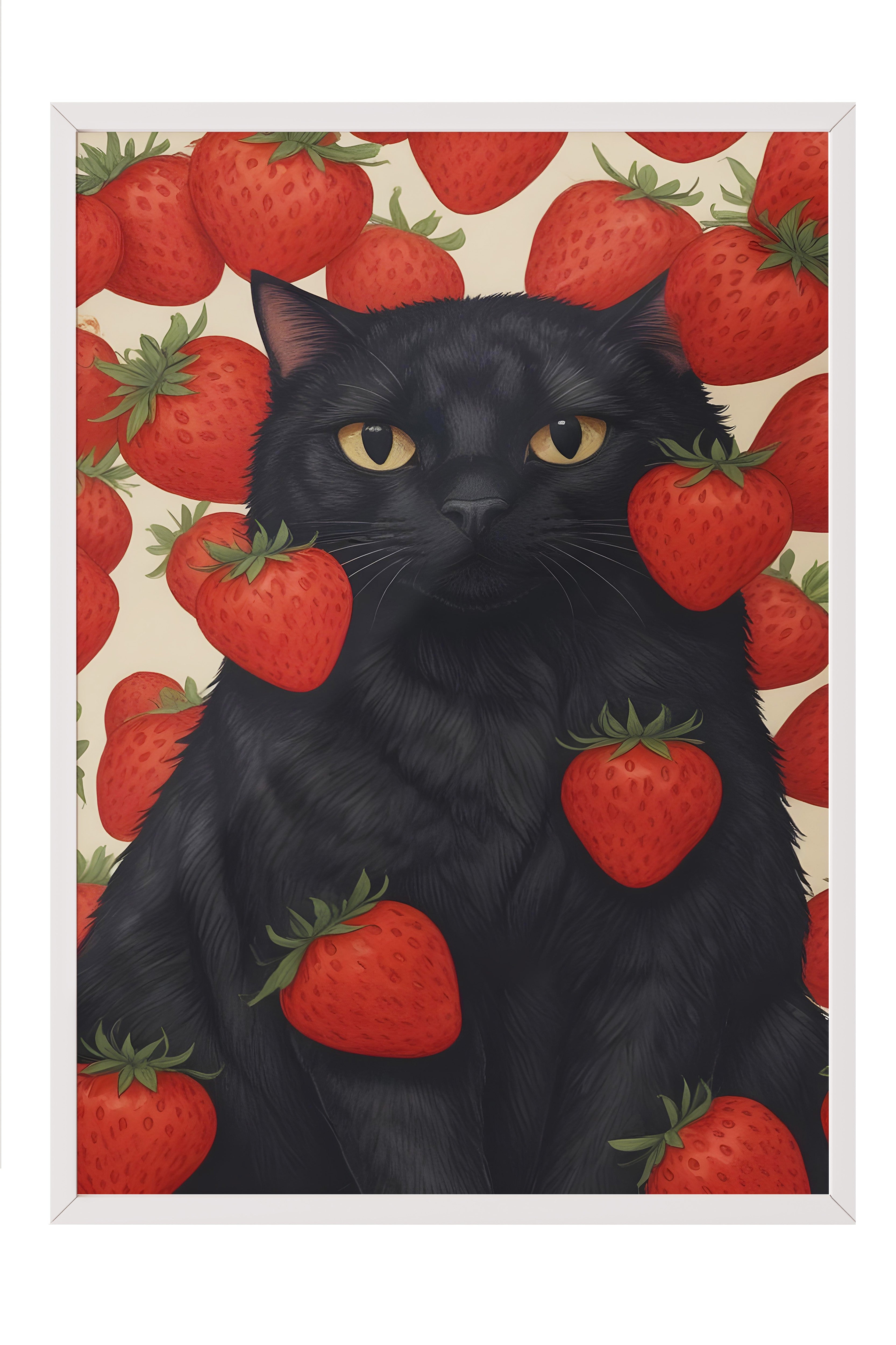 Beyaz Çerçeveli Tablo, Strawberry Cat, Comfort Serisi Mutfak Duvar Tablosu, NO:109108
