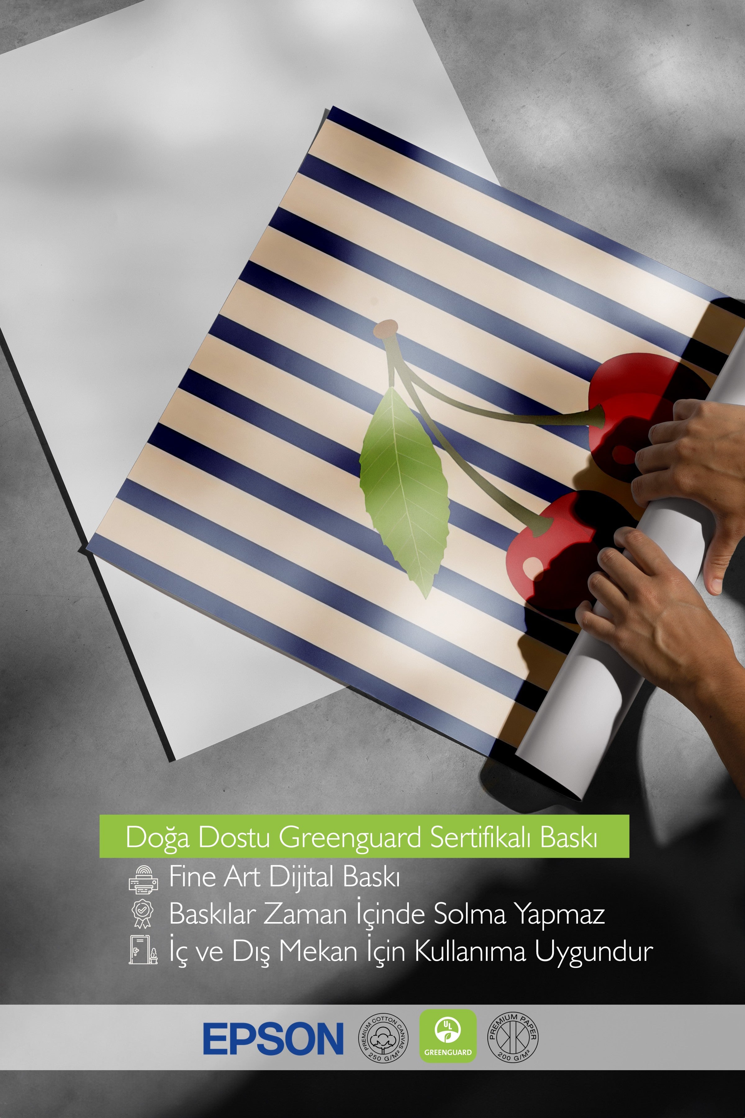 Beyaz Çerçeveli Tablo, Tatlı Kirazlar, İllüstrasyon, Maximalist, Mavi Renk Poster, 2025 Yaz Seçkisi, NO:109706