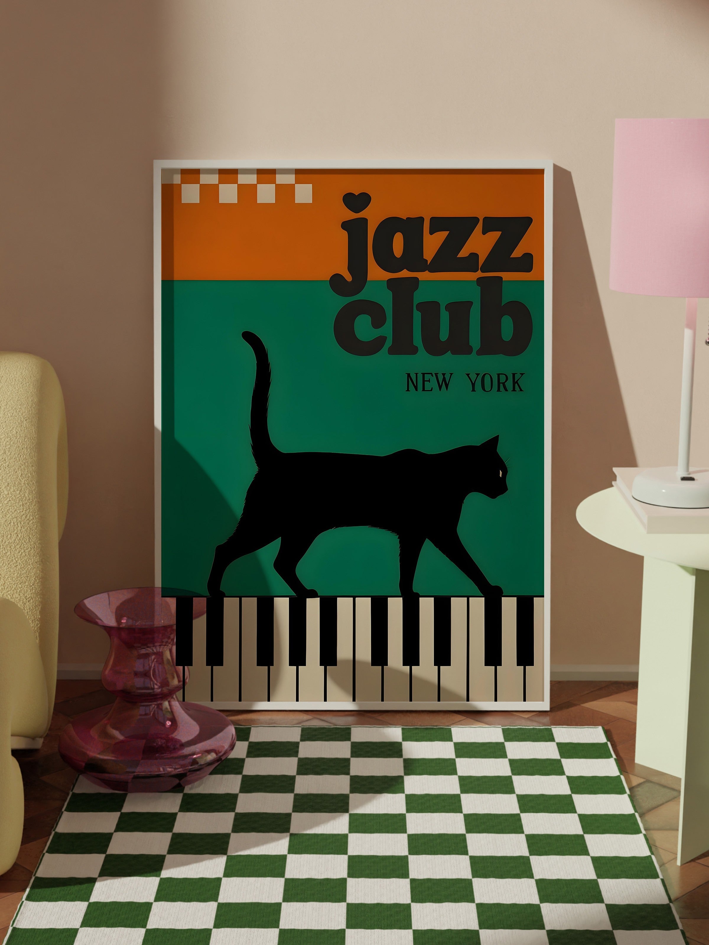Beyaz Çerçeveli Tablo, The Black Cat Jazz Club - 1, Comfort Serisi Poster ve  Duvar Tablosu, NO:108976