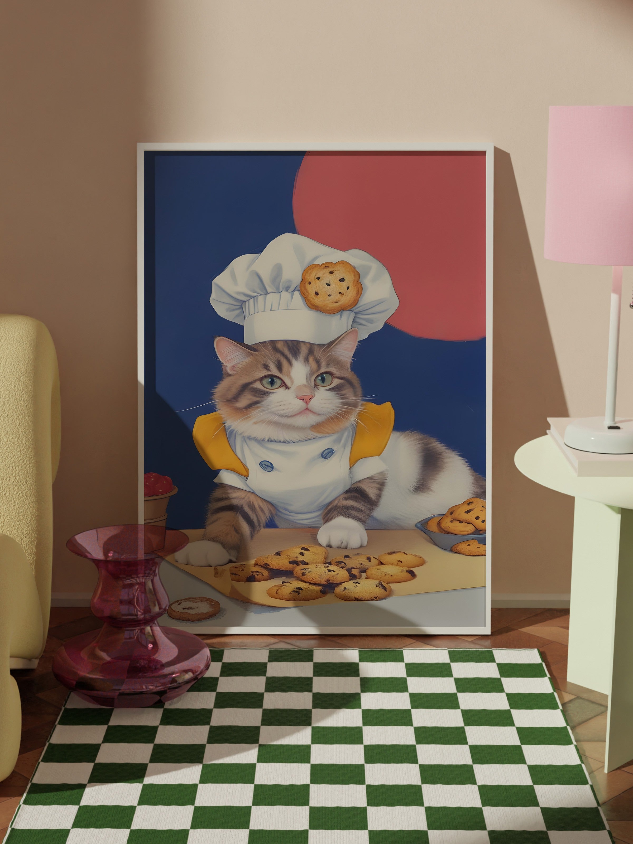 Beyaz Çerçeveli Tablo, The Chef Cat of Cookies, Comfort Serisi Mutfak Duvar Tablosu, NO:109104