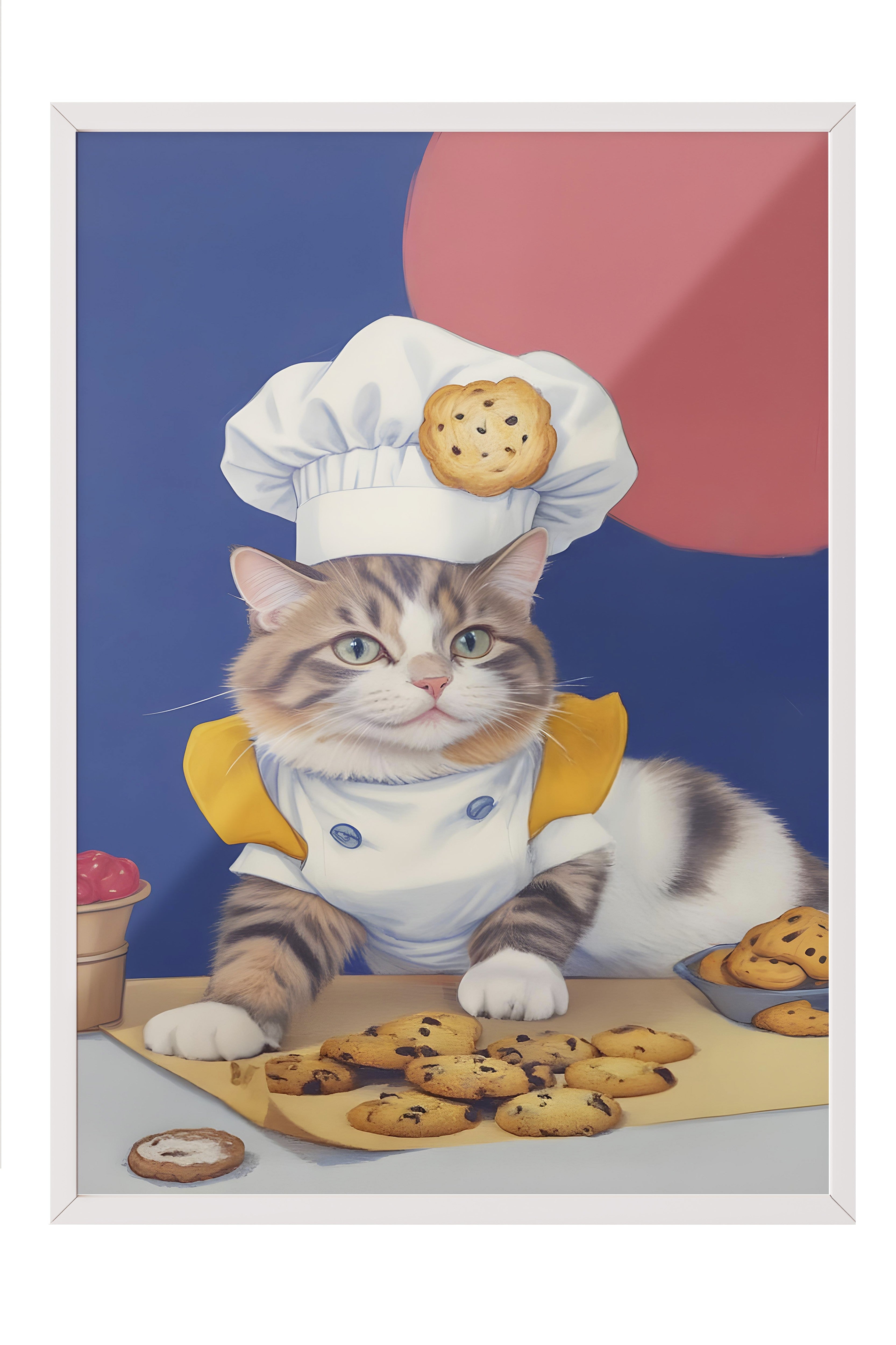 Beyaz Çerçeveli Tablo, The Chef Cat of Cookies, Comfort Serisi Mutfak Duvar Tablosu, NO:109104