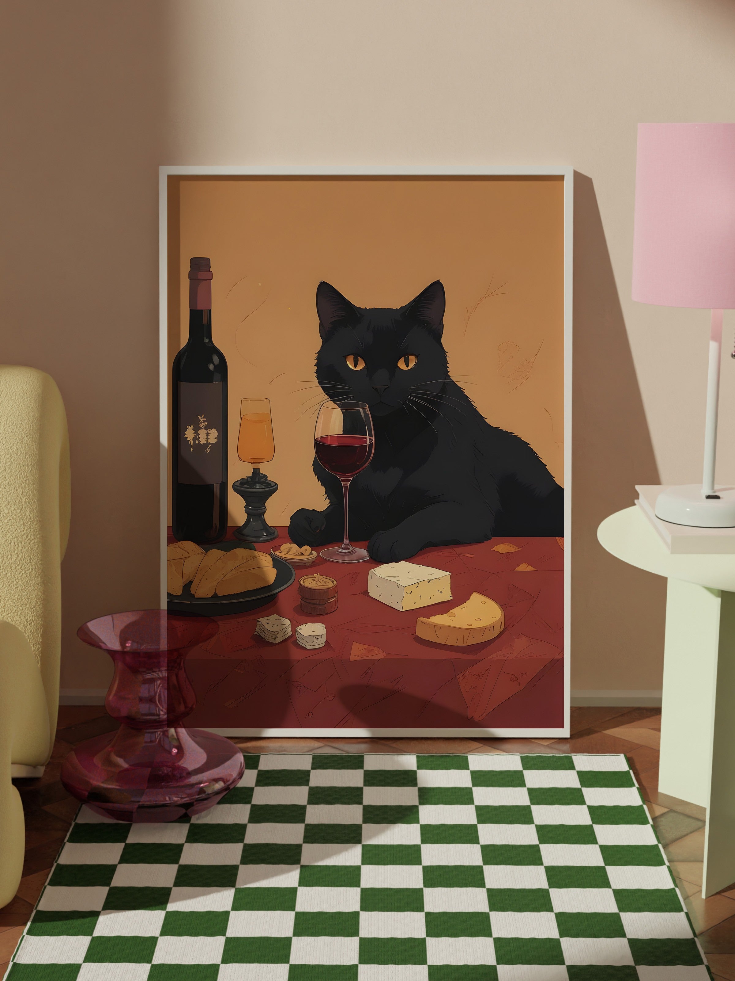 Beyaz Çerçeveli Tablo, Wine & Cat, Comfort Serisi Mutfak Duvar Tablosu, NO:109060
