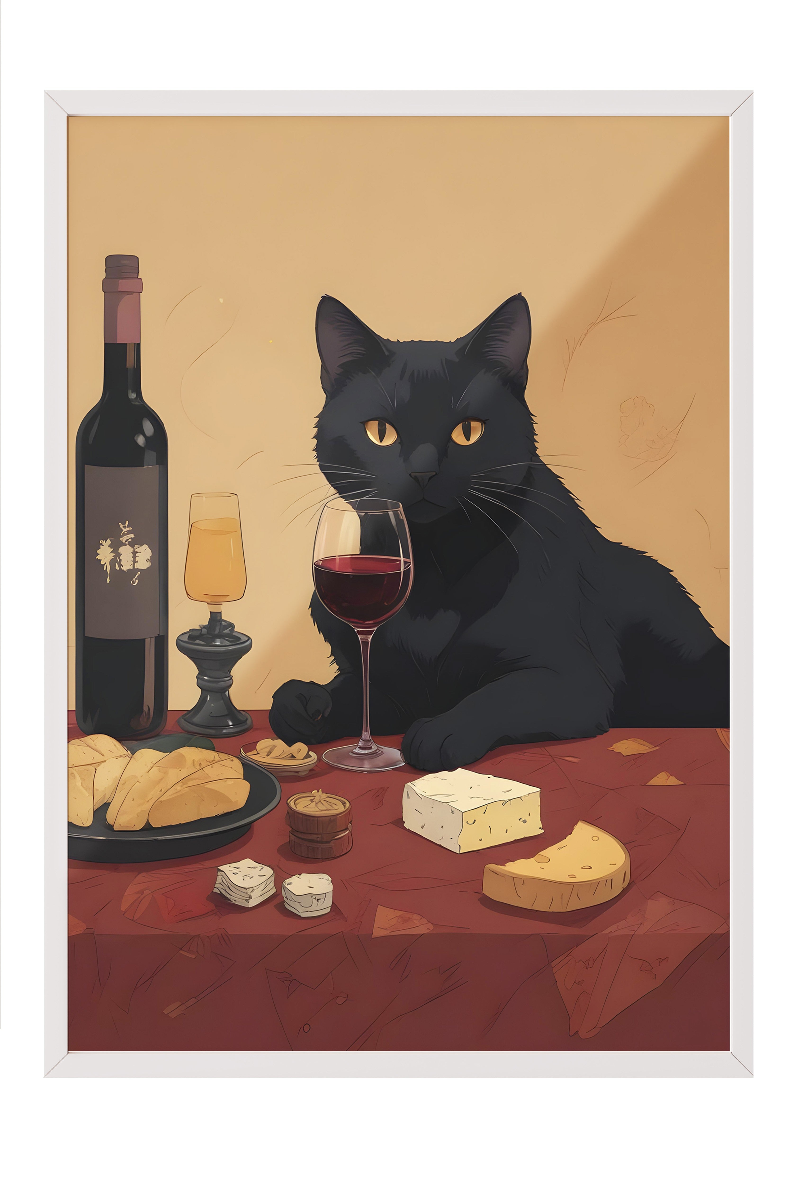 Beyaz Çerçeveli Tablo, Wine & Cat, Comfort Serisi Mutfak Duvar Tablosu, NO:109060