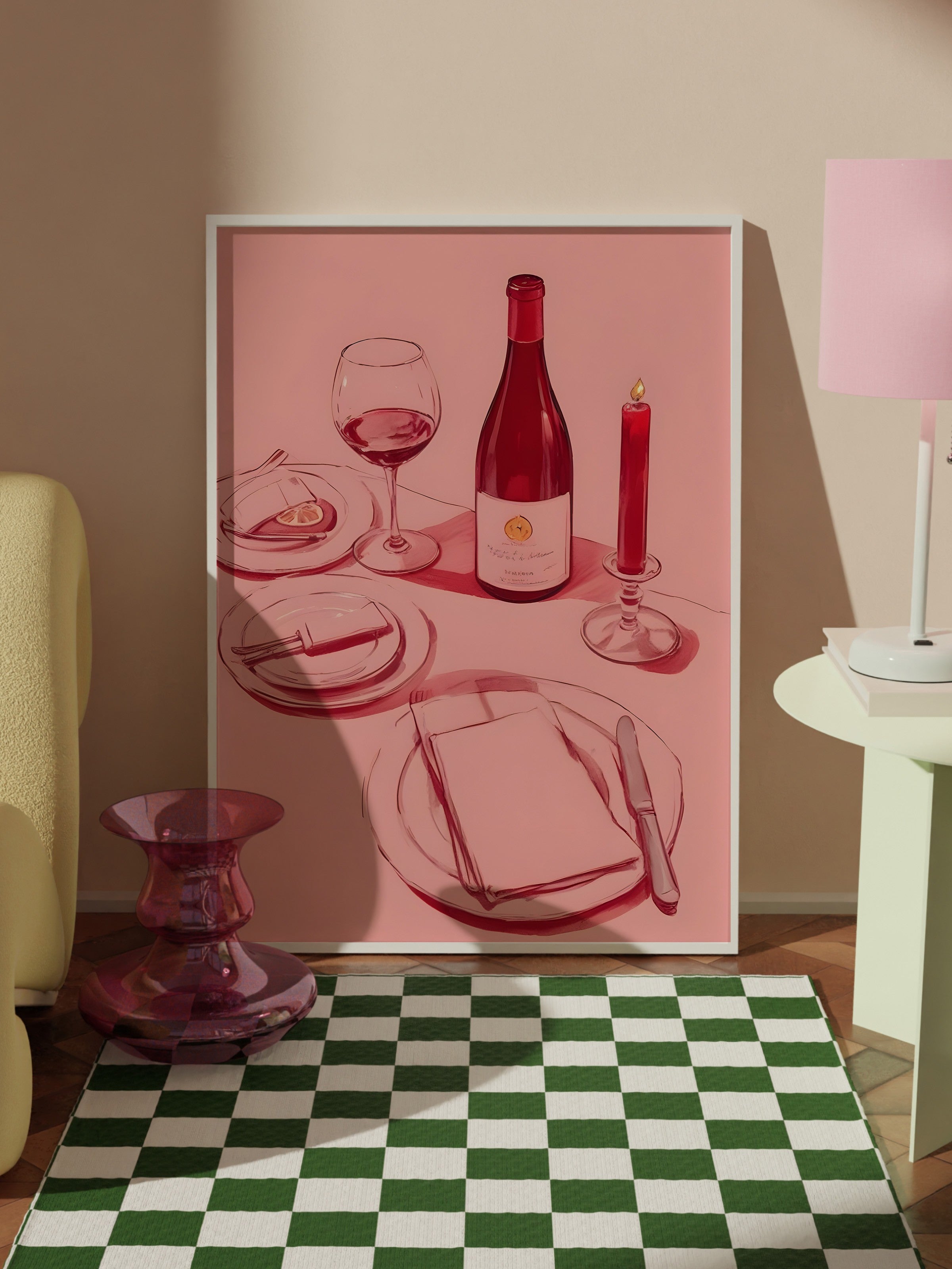 Beyaz Çerçeveli Tablo, Wine Table, Comfort Serisi Mutfak Duvar Tablosu, NO:109084