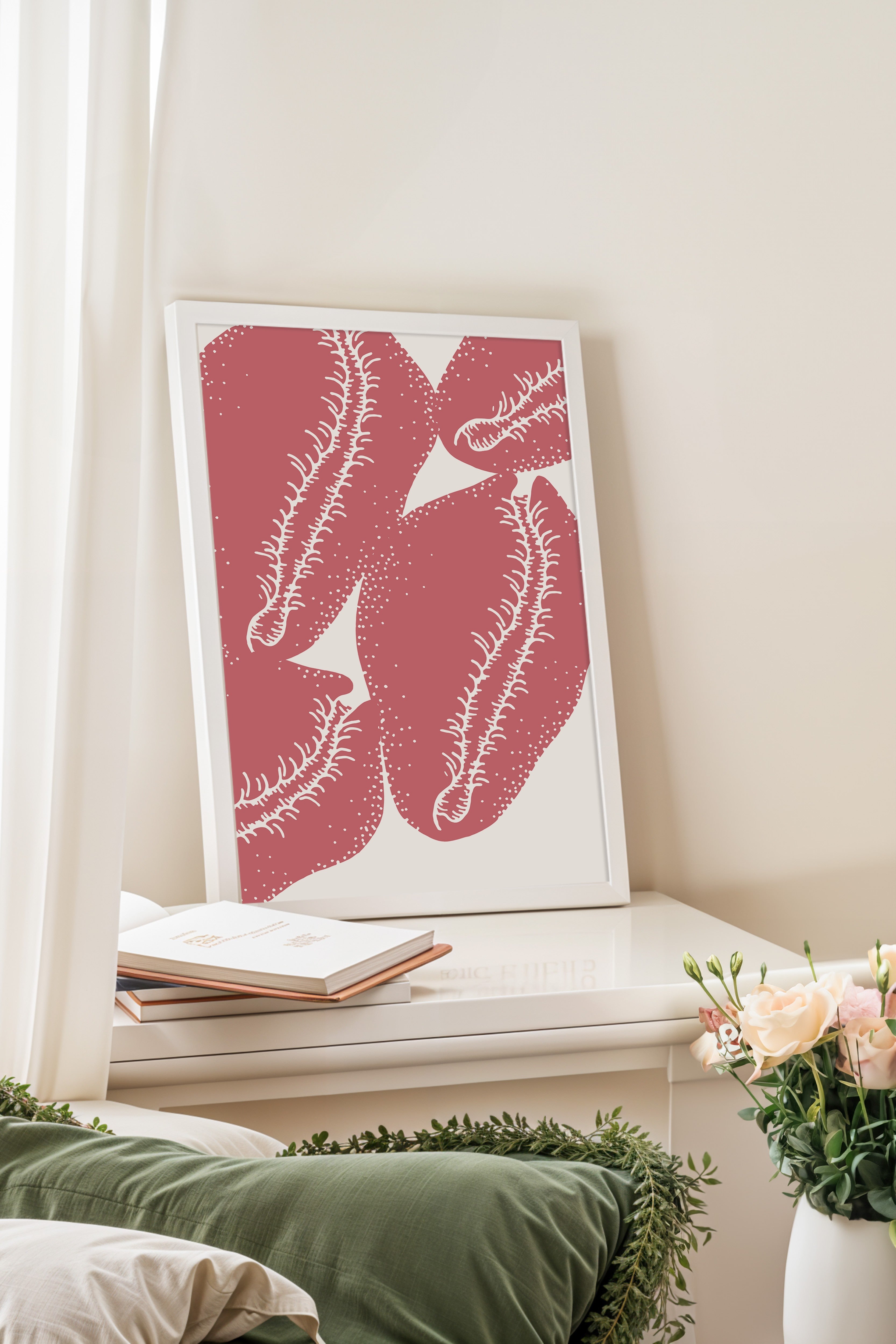Beyaz Çerçeveli Tablo, Yapraklar, illüstrasyon, Pembe, Beyaz Renk Poster, 2025 Yaz Seçkisi, NO:109847