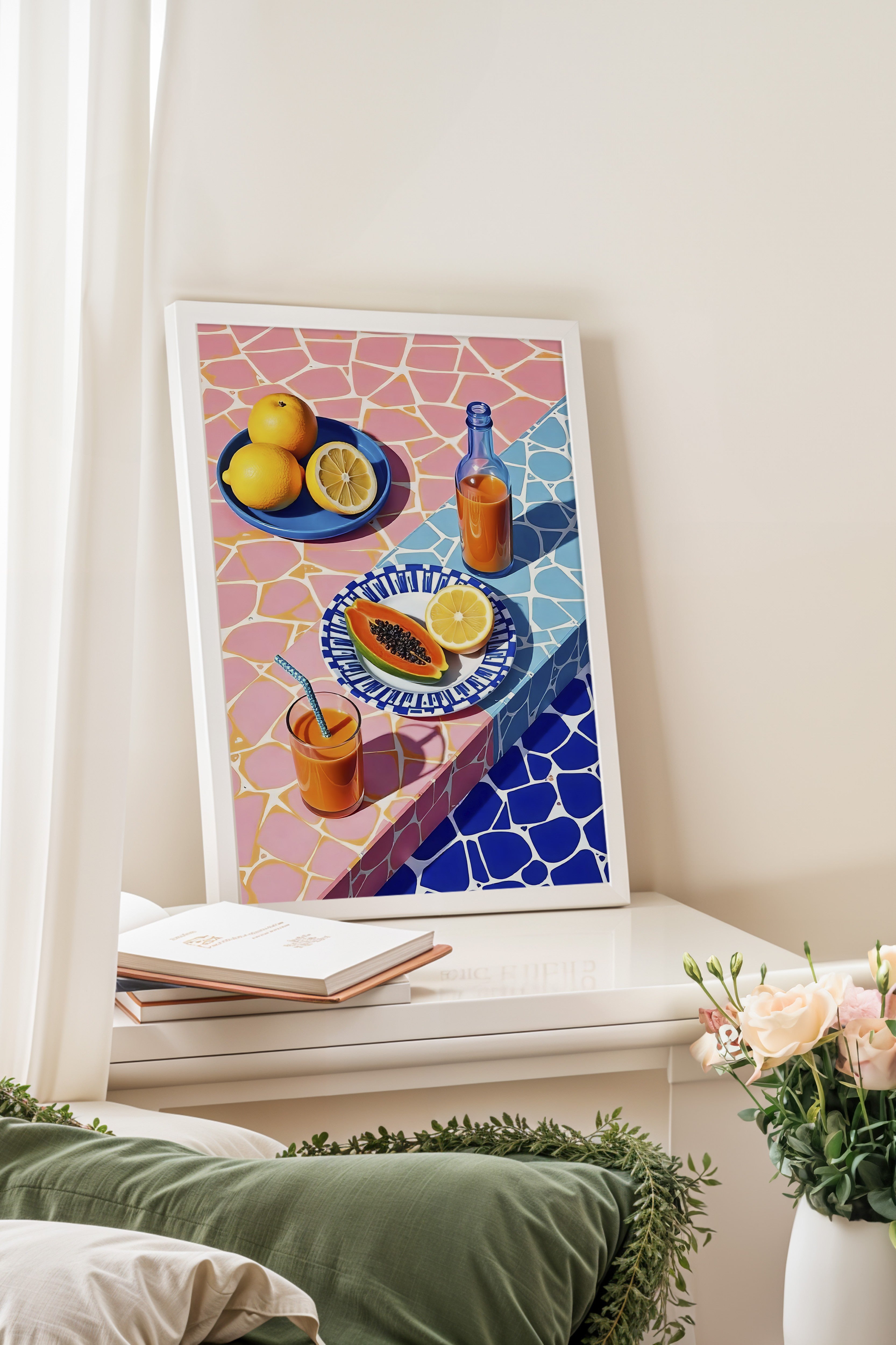 Beyaz Çerçeveli Tablo, Yaz Havası, İllüstrasyon, Maximalist, Mavi Renk Poster, 2025 Yaz Seçkisi, NO:109782