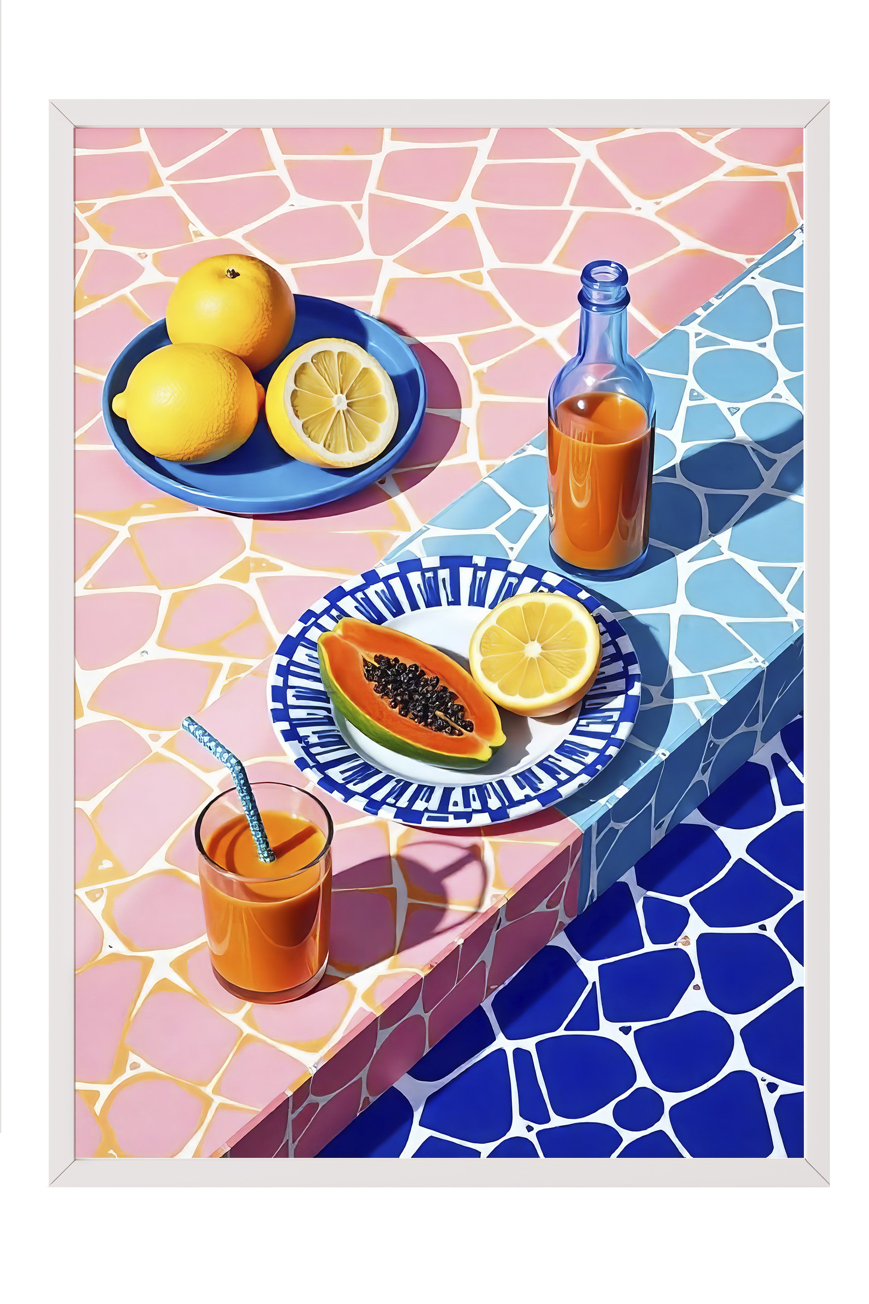 Beyaz Çerçeveli Tablo, Yaz Havası, İllüstrasyon, Maximalist, Mavi Renk Poster, 2025 Yaz Seçkisi, NO:109782