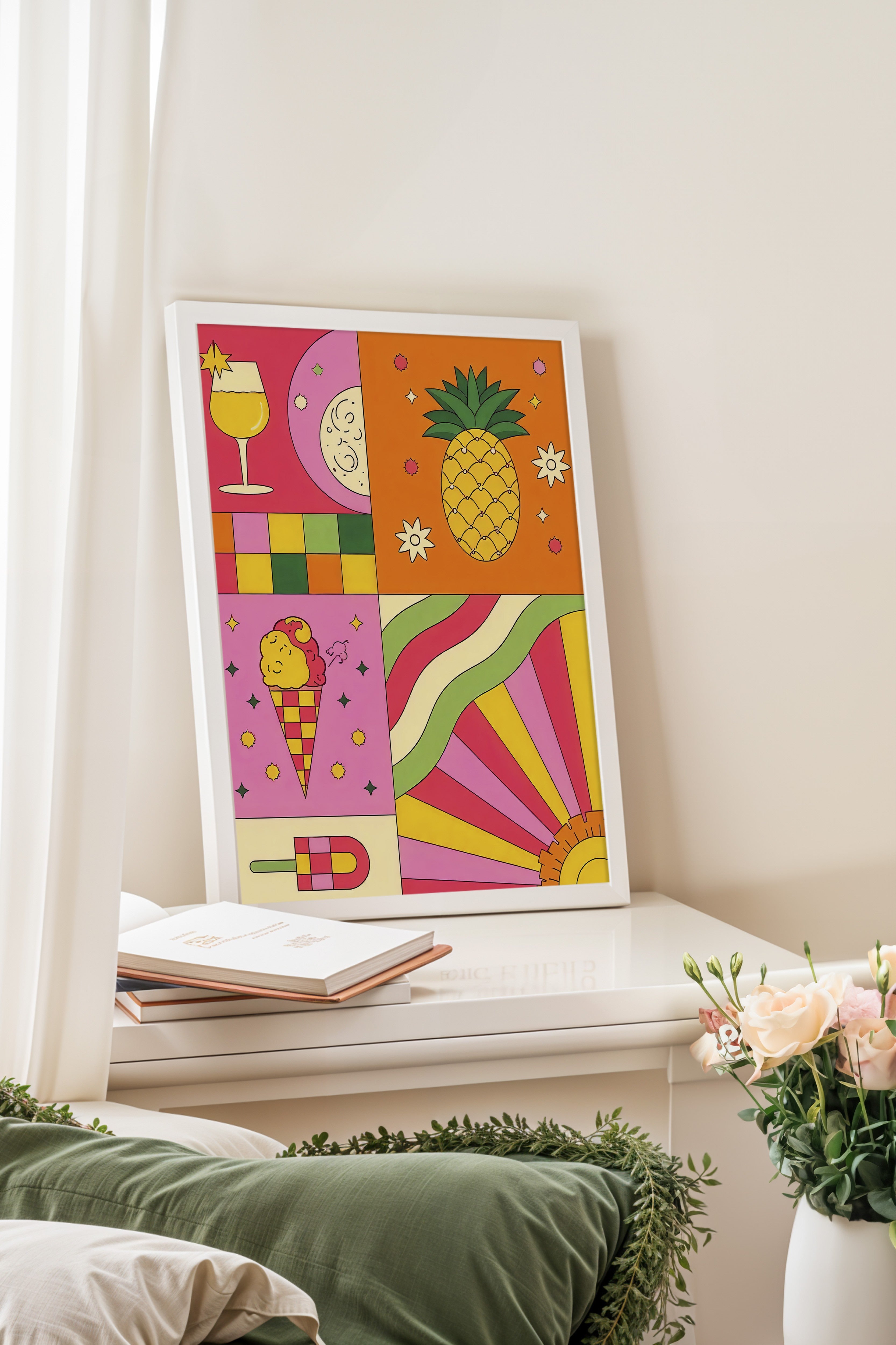 Beyaz Çerçeveli Tablo, Yaz Öğeleri, İllüstrasyon Maximalist, Pembe Renk Poster, 2025 Yaz Seçkisi, NO:109754