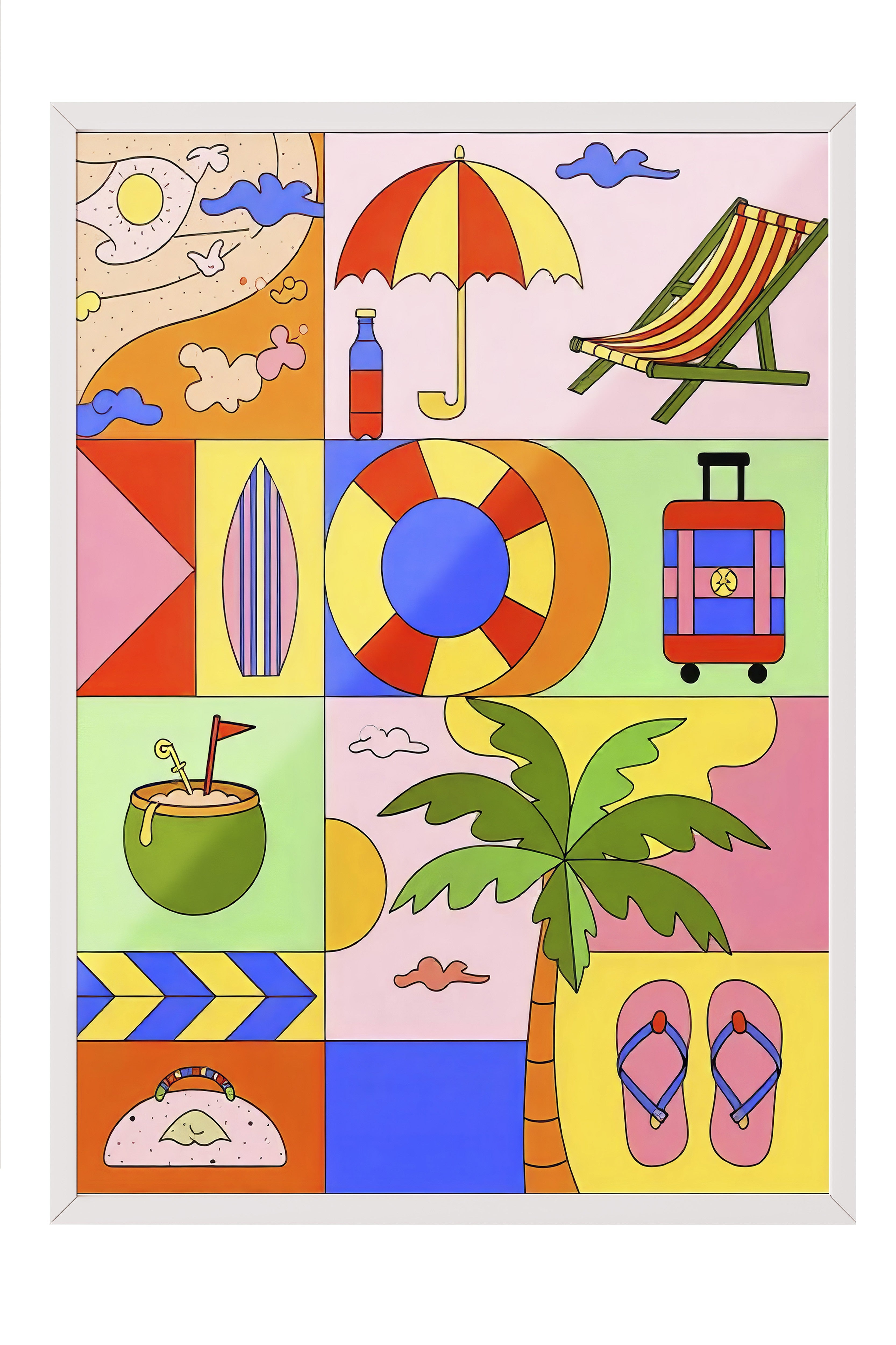 Beyaz Çerçeveli Tablo, Yaz Öğeleri, İllüstrasyon Maximalist, Pembe Renk Poster, 2025 Yaz Seçkisi, NO:109755
