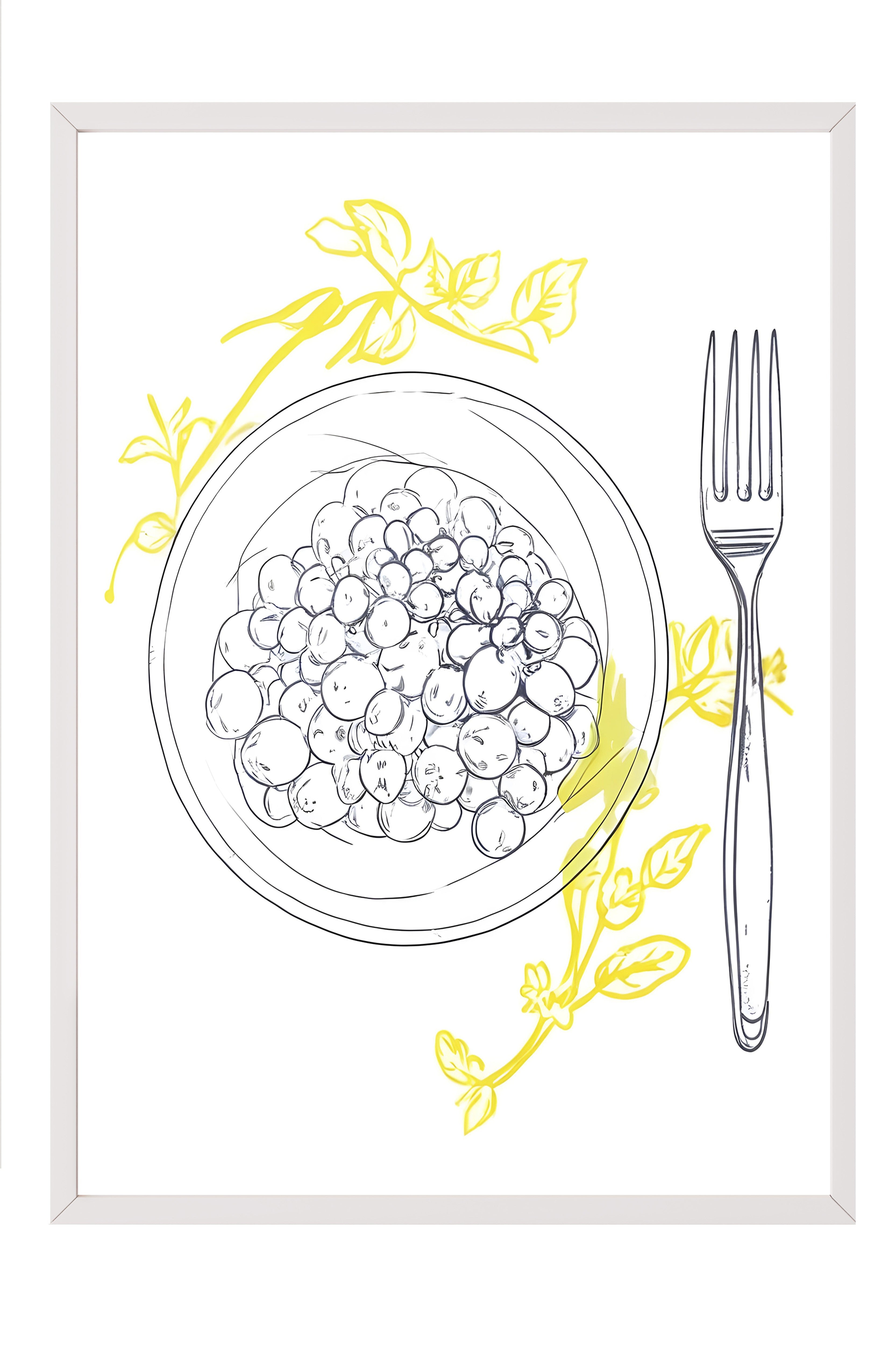 Beyaz Çerçeveli Tablo, Yellow Flowers Around Plate, Comfort Serisi Mutfak Duvar Tablosu, NO:109141